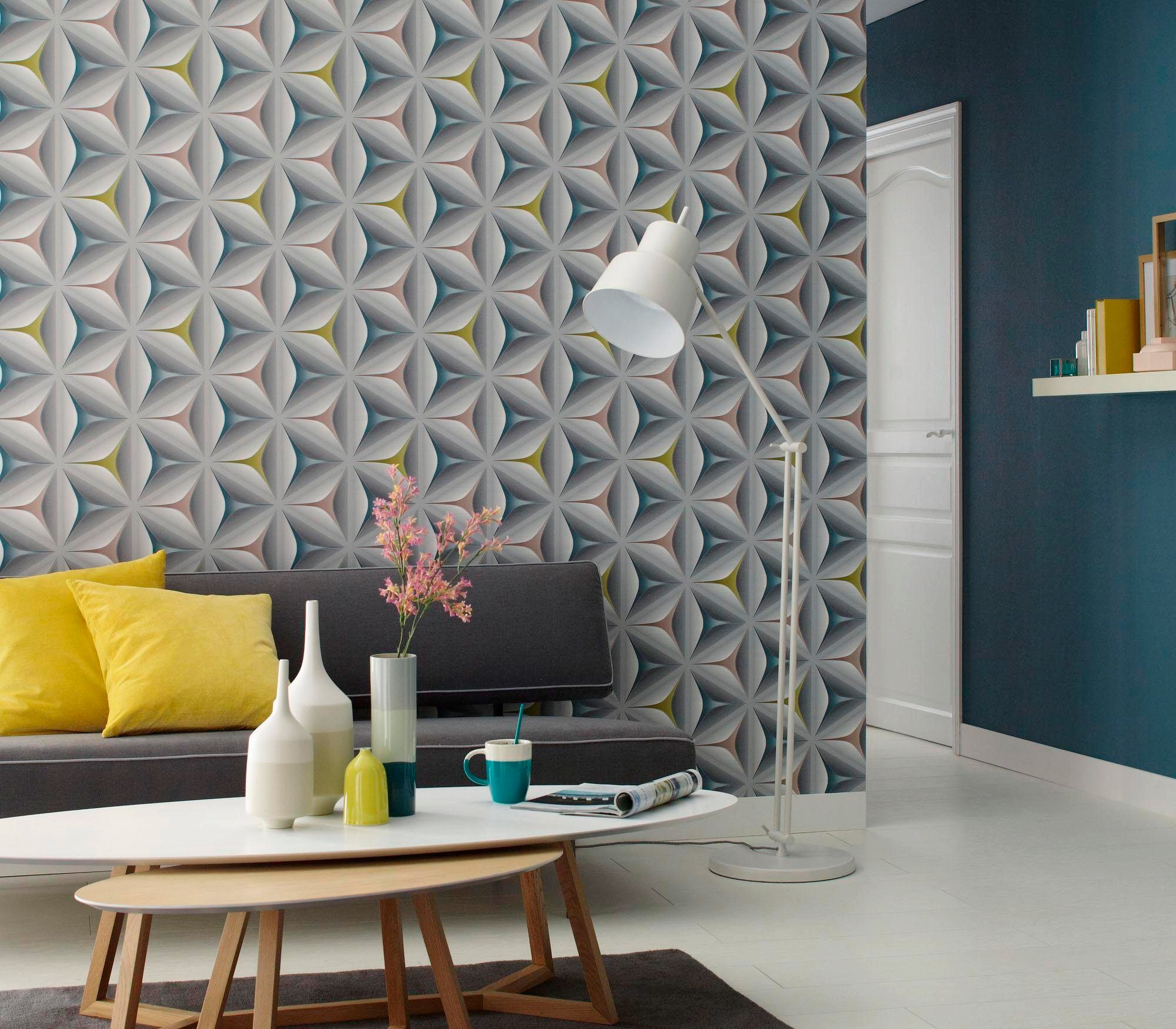 living walls Vliestapete »Scandinavian«, Retro, Retrotapete Geometrisch Tapete 3D Effekt Grau einfarbig, glänzend