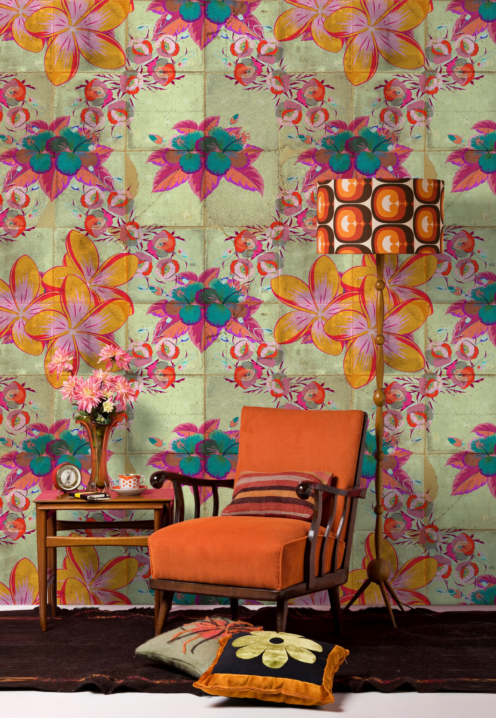 living walls Vliestapete "Bunte Blumen-Tapete Orange Grün Pink floral" matt glatt