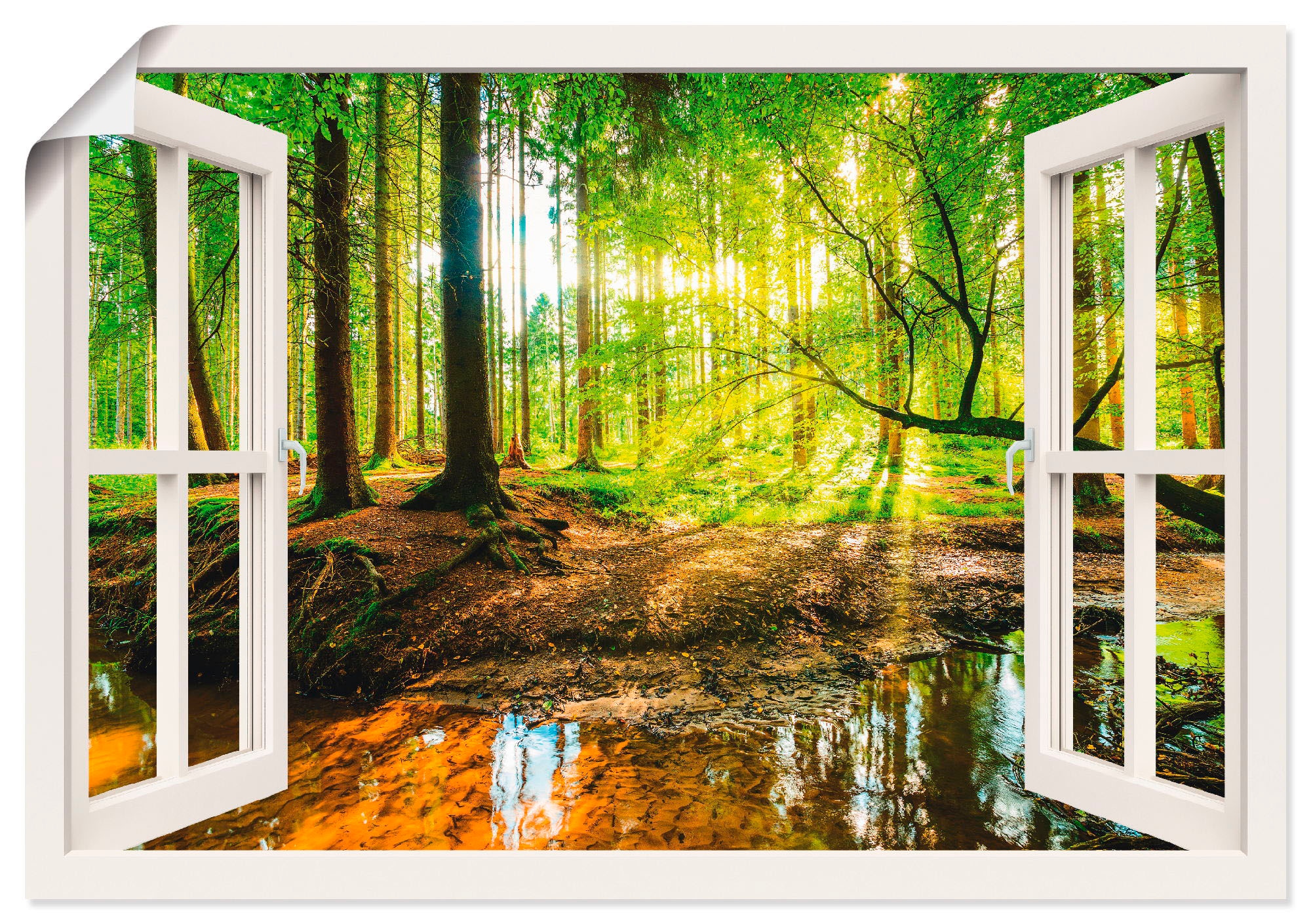 Artland Wandbild "Fensterblick - Wald mit Bach", Wald, (1 St.), als Leinwandbild, Poster, Wandaufkleber in verschied. Gr