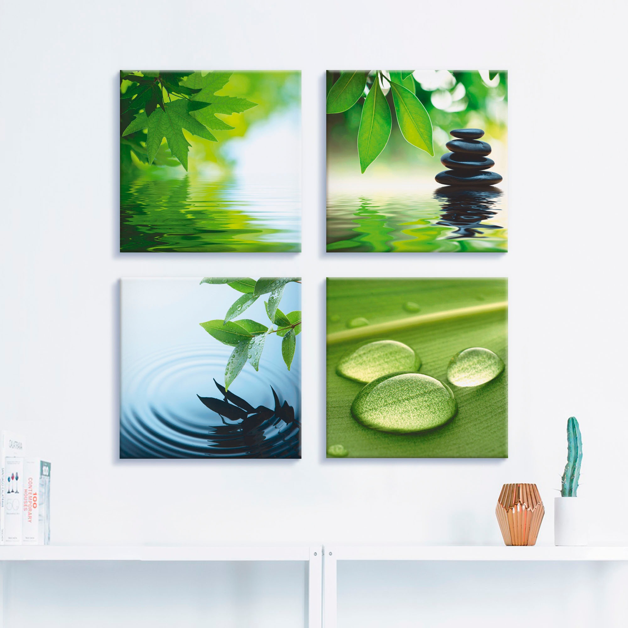 Artland Leinwandbild "Blätter Wasser Zen Steinpyramide Tropfen" Zen 4 Stk. günstig online kaufen