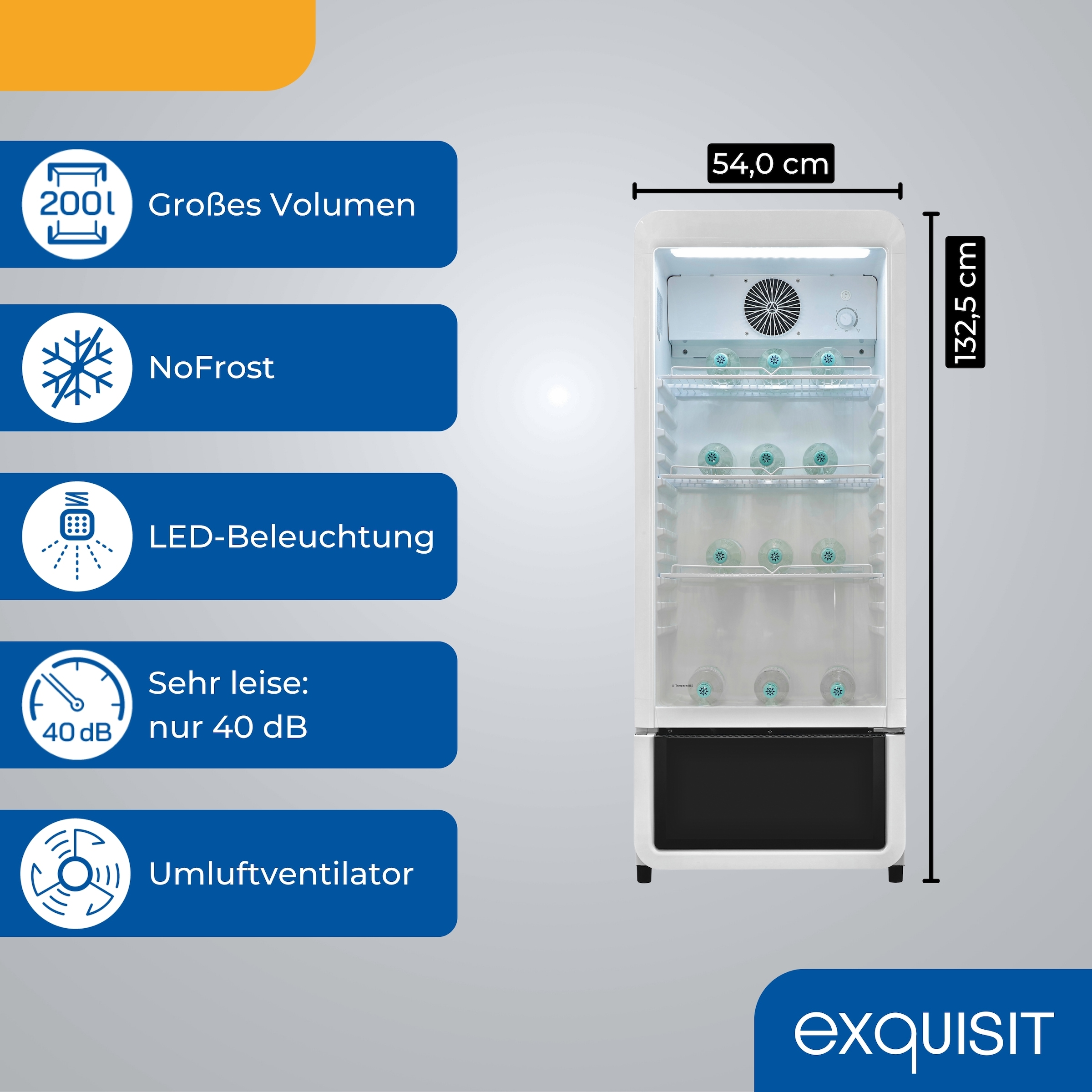 exquisit Getränkekühlschrank »GKS180-GT-431D weiss« 132,5 cm hoch 54 cm breit mit Umluftventilator für gleichmäßig gekühlte Getränke