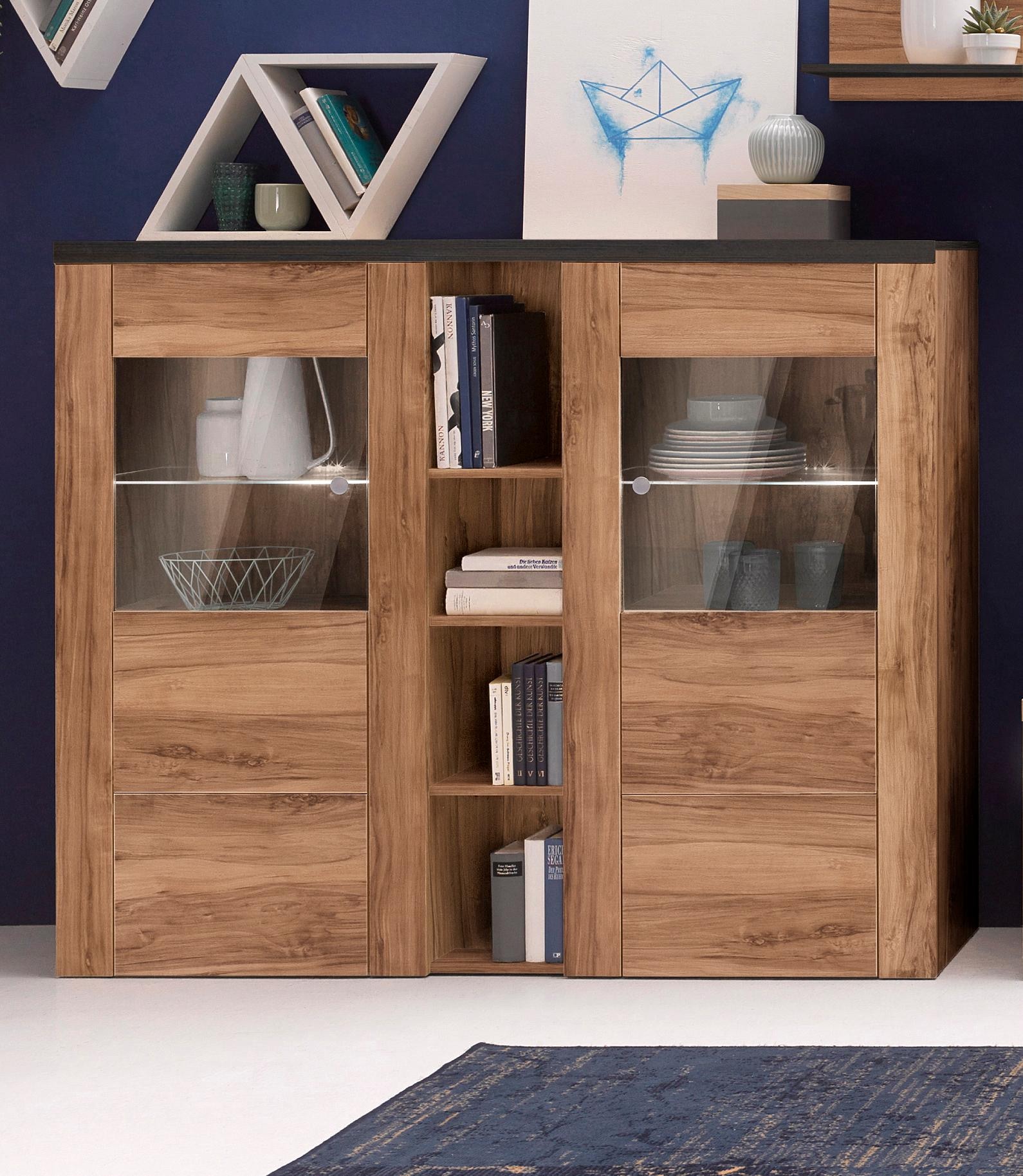 Home affaire Highboard »Larona, zeitlose Hochkommode mit 2 Türen, Türkommode, Höhe 129,5 cm,«, Anrichte mit dekorative Rahmenoptik, Türen mit Glaseinsatz