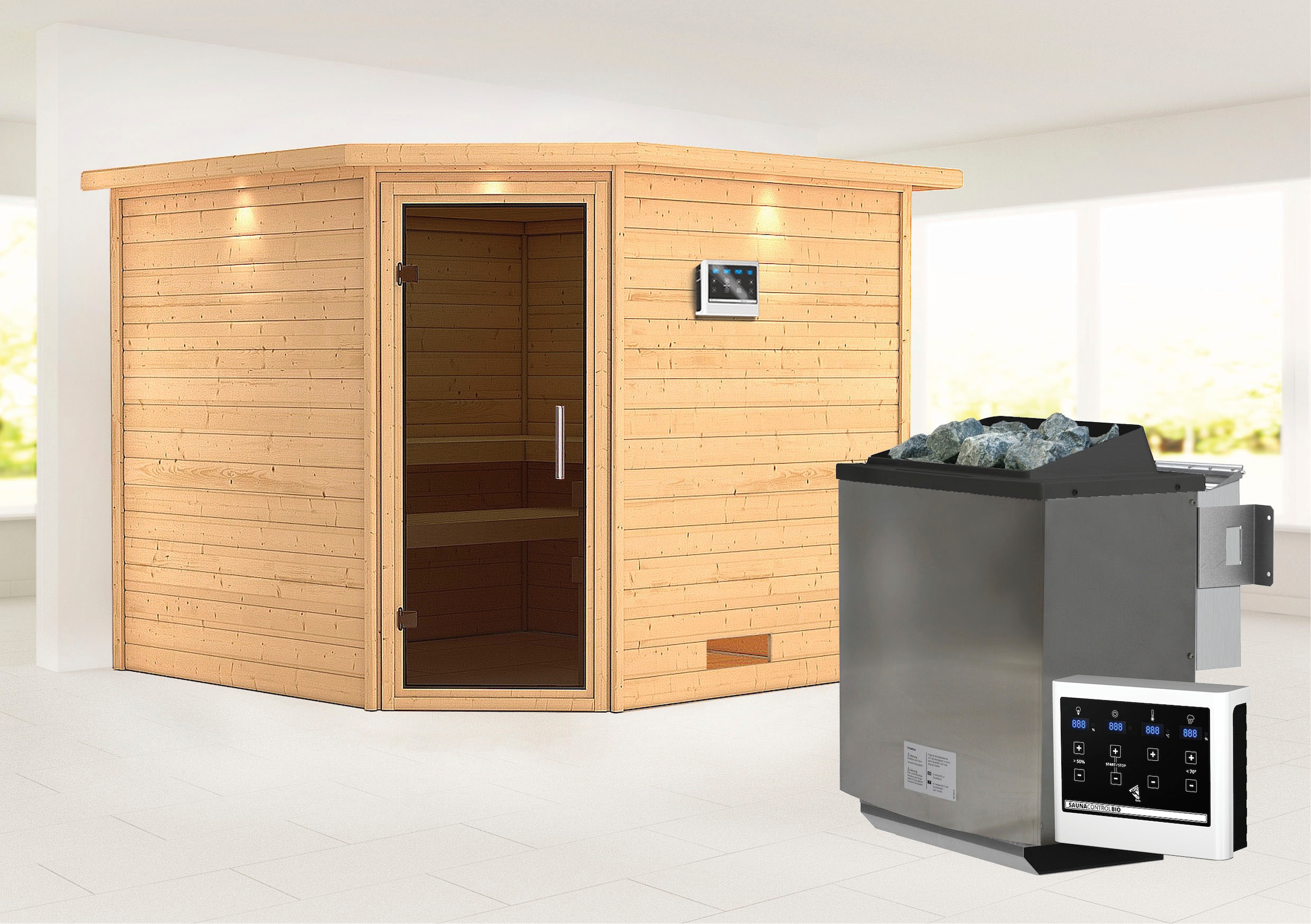 Karibu Sauna ""Leona" mit Kranz und graphitfarbener Tür Ofen 9 kW Bio externe Strg", aus hochwertiger nordischer Fichte