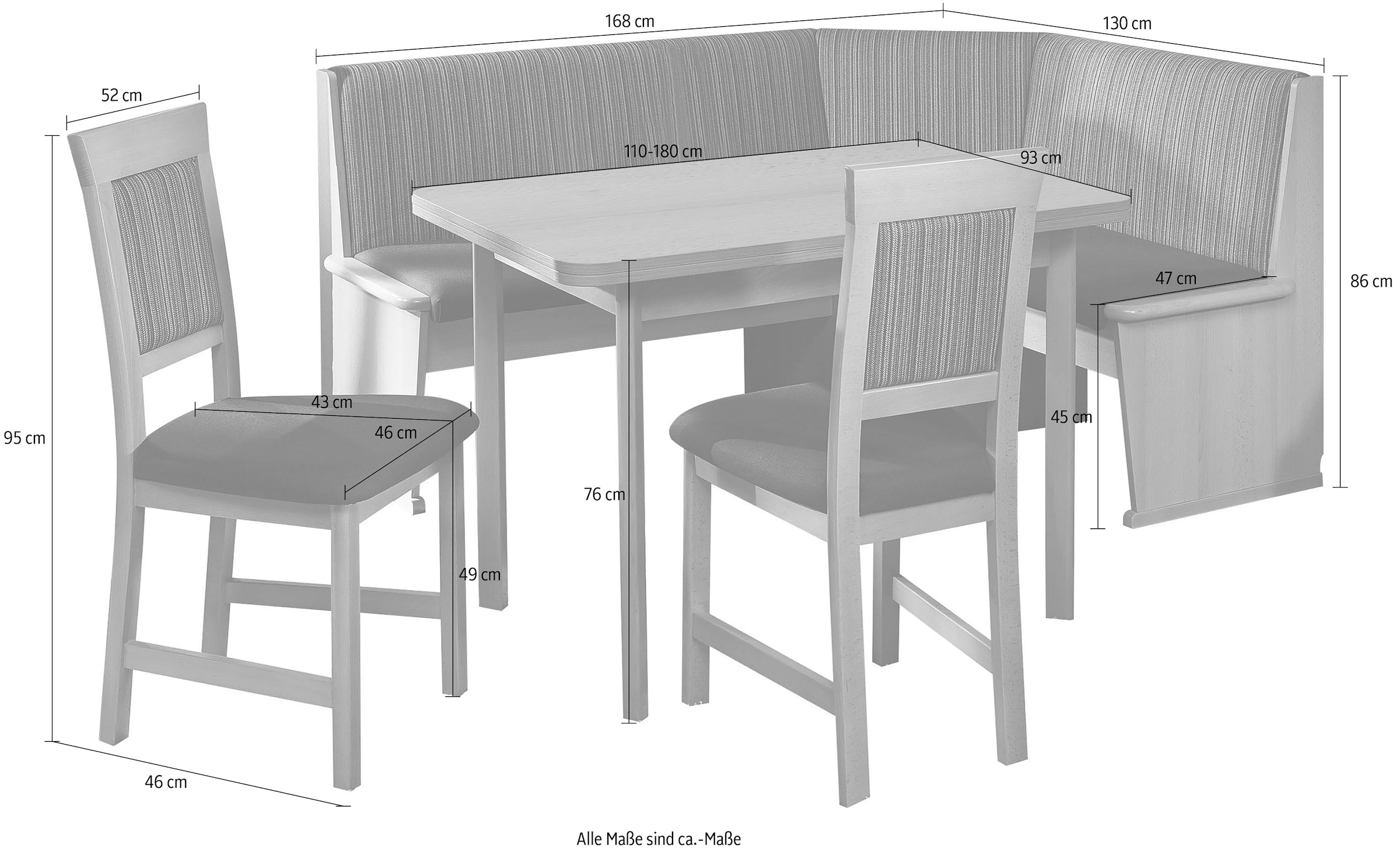 SCHÖSSWENDER Eckbankgruppe »Imola«, (Set, rechts kaufen umstellbar, Auszug Stühle BAUR und 4), | Eckbank 110(180)cm, links massiv