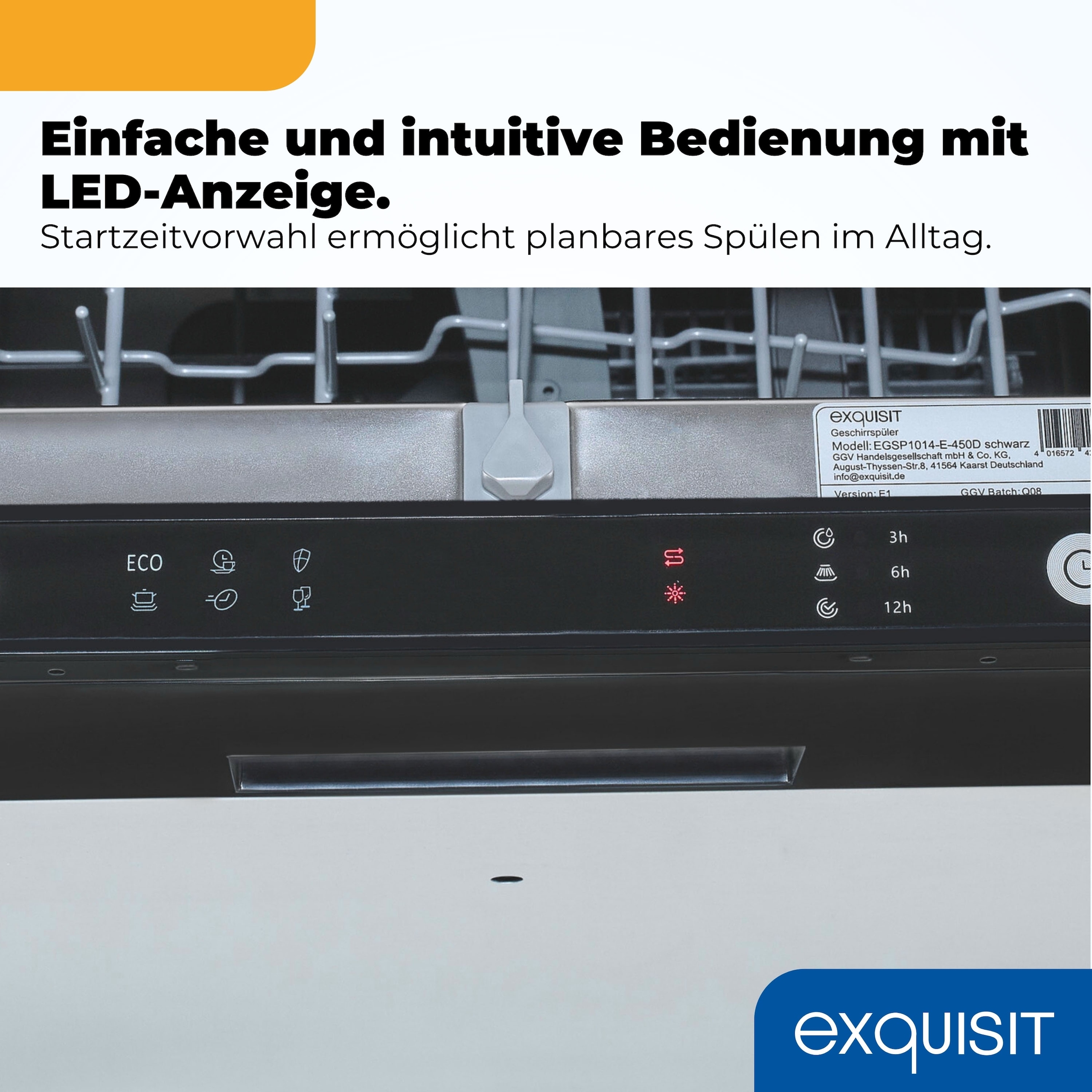 exquisit vollintegrierbarer Geschirrspüler 1014 »EGSP1014-E-450D schwarz« 11,9 l 14 tlg. Maßgedecke 14 Maßgedecke & flüsterleise 49 dB – stark und angenehm ruhig