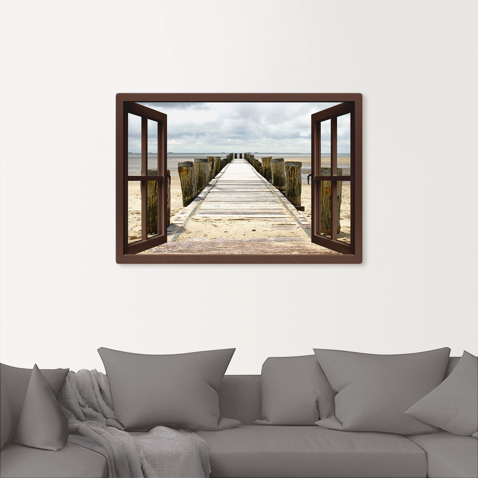 Artland Wandbild »Fensterblick - Steg ins Watt«, Fensterblick, (1 St.), als Leinwandbild, Wandaufkleber in verschied. Größen