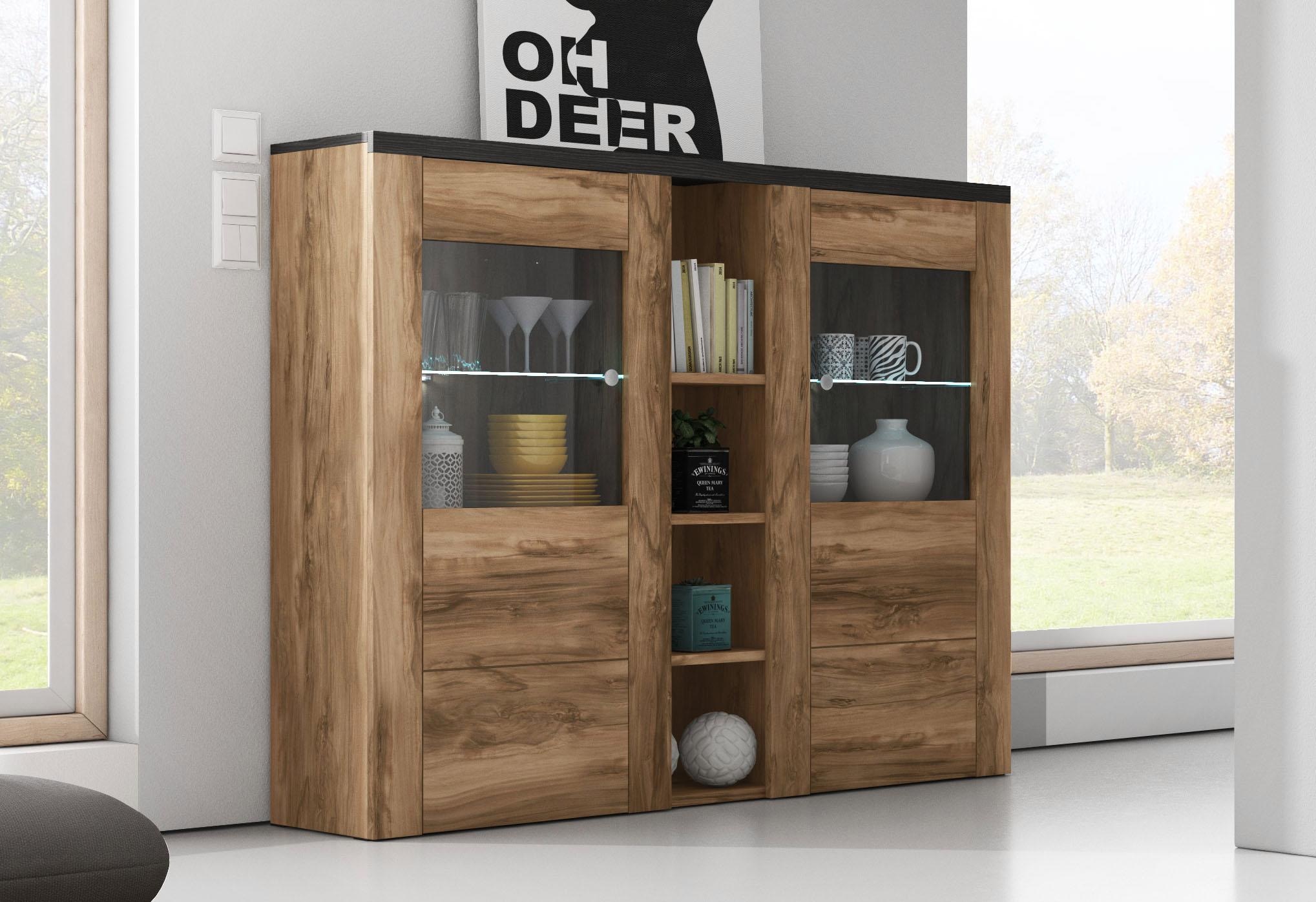 Home affaire Highboard »Larona, zeitlose Hochkommode mit 2 Türen, Türkommode, Höhe 129,5 cm,«, Anrichte mit dekorative Rahmenoptik, Türen mit Glaseinsatz