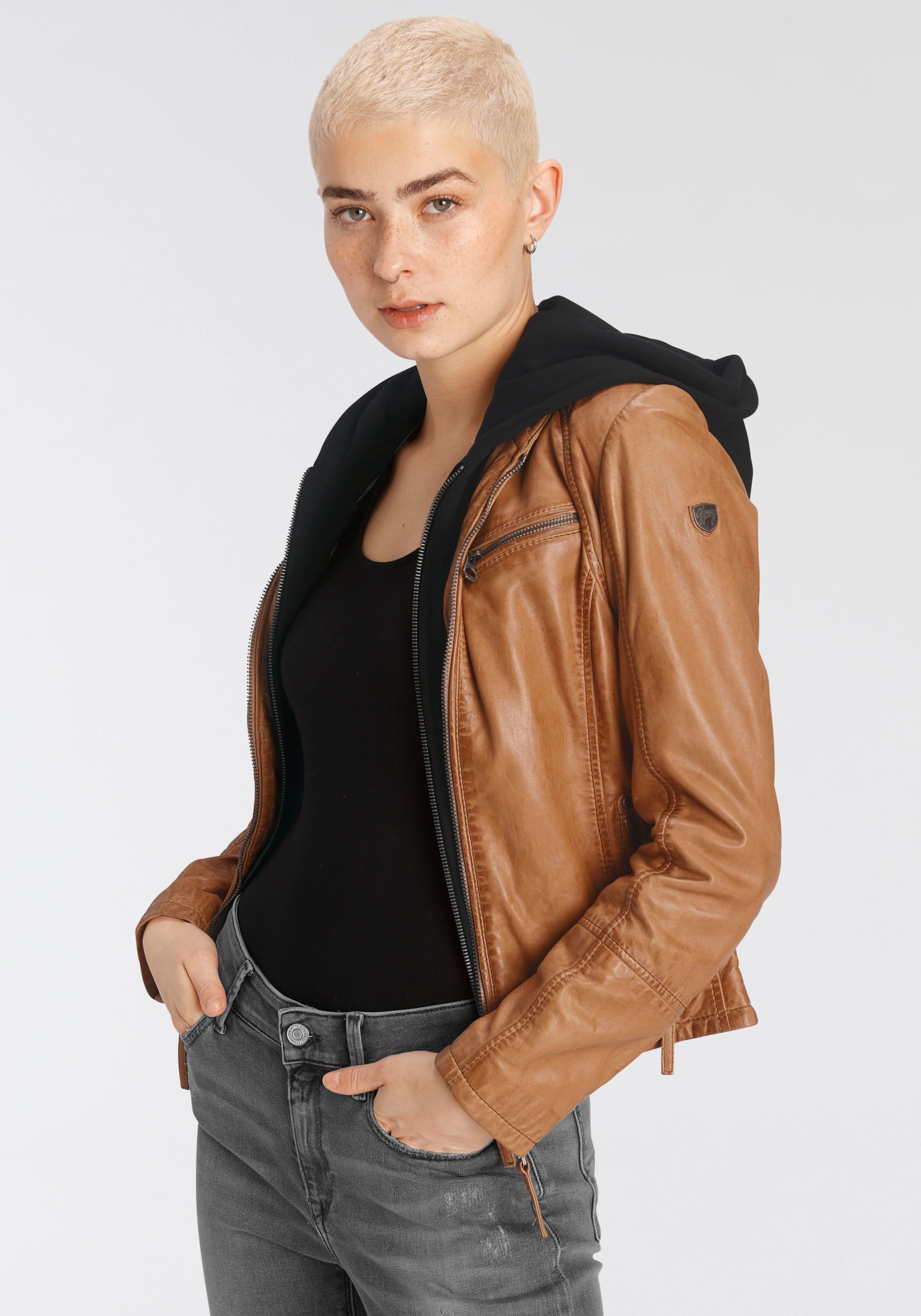 Mauritius Lederjacke "NOLA", mit Kapuze, Two-in-One Style - mit abnehmbarer Jersey-Kapuze