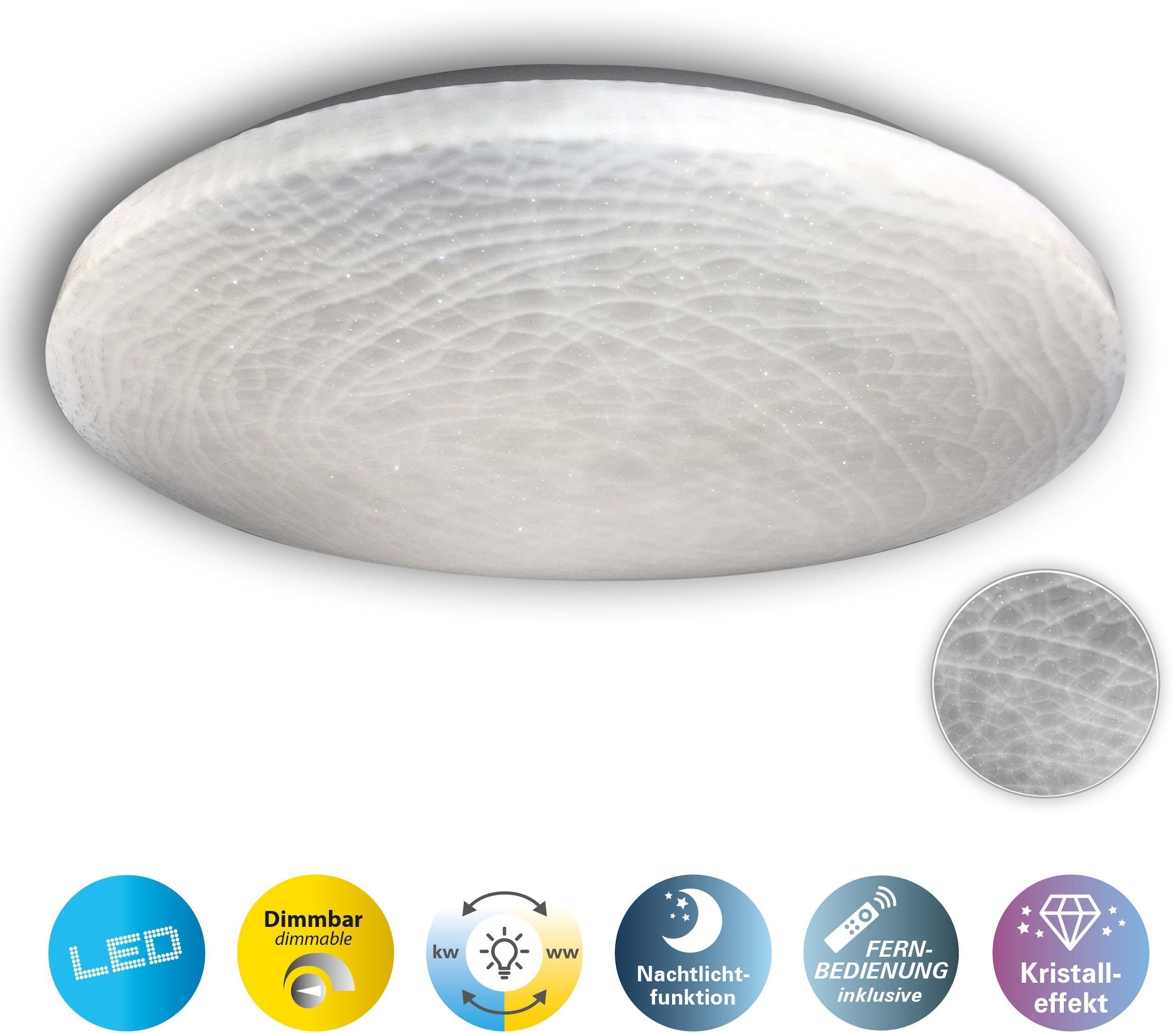 näve LED Deckenleuchte »Polaris«, 1 flammig, Leuchtmittel LED-Board | LED fest integriert, Kristalleffekt, dimmbar, CCT, Nachtlicht-/Memoryfunktion,Fernbedienung