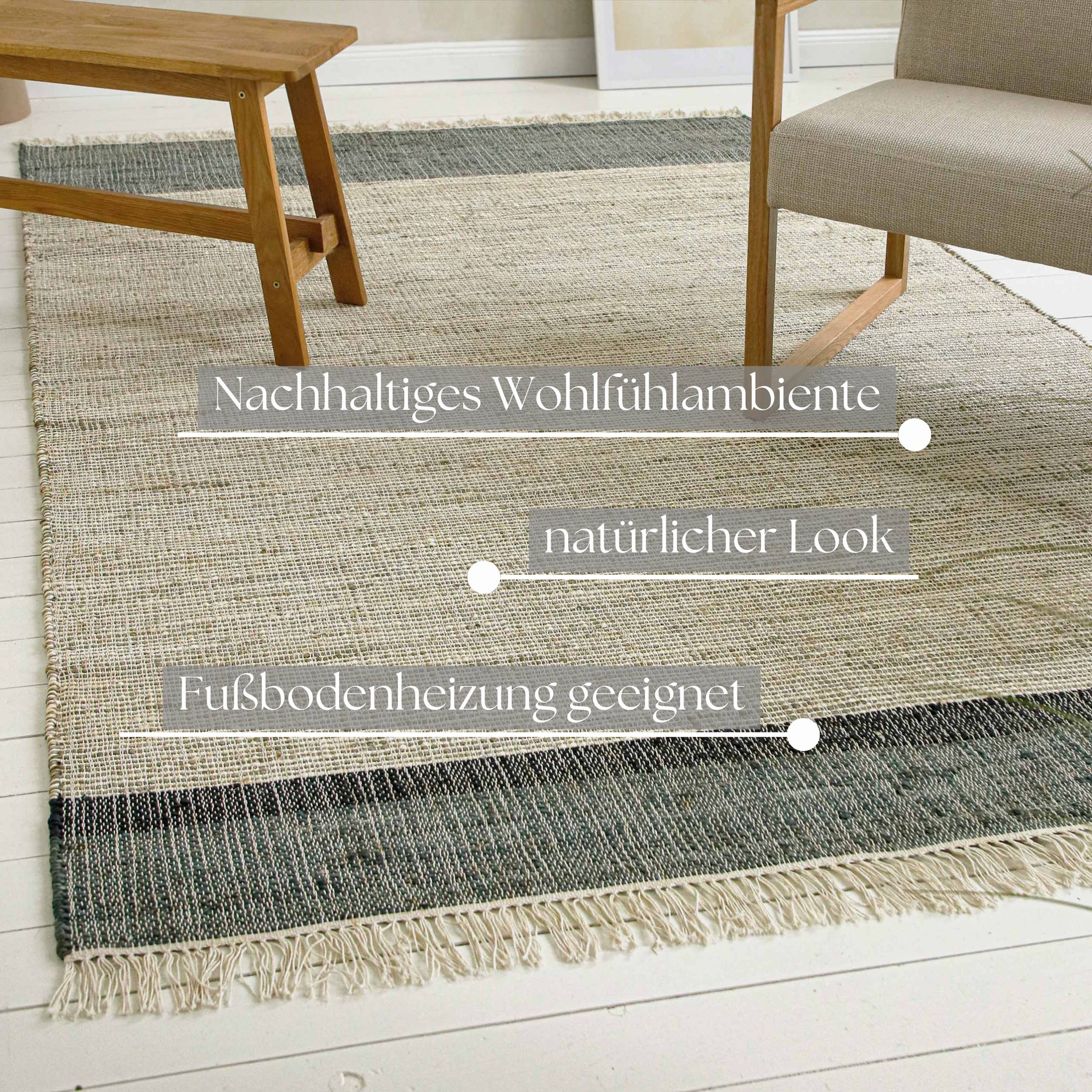 my home Teppich »Bennii«, rechteckig, 4 mm Höhe, 80% Jute, handgewebt, mit Fransen, Wohnzimmer, Naturfaser
