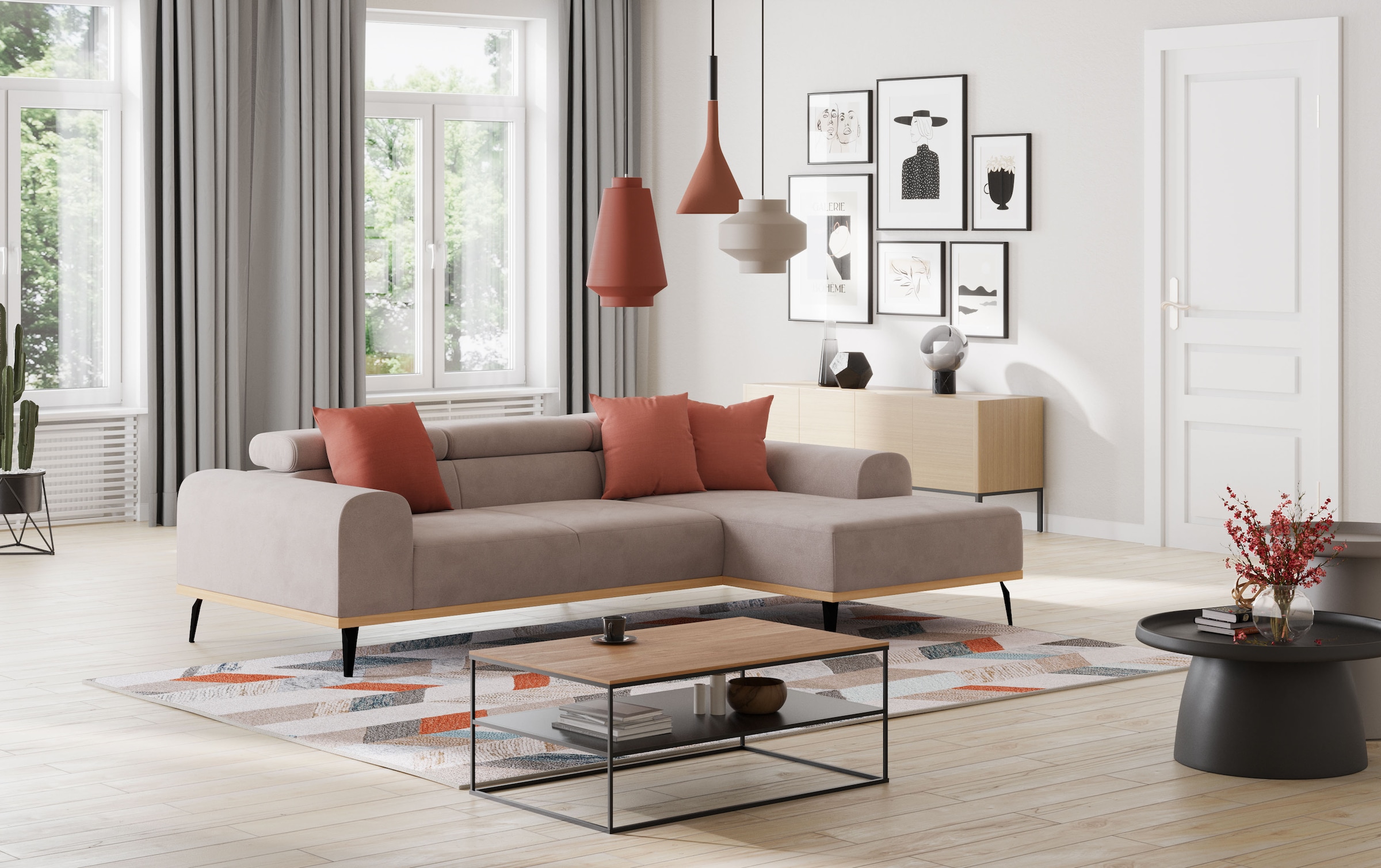 Places of Style Ecksofa »Carlo L-Form«, mit Kopfteilverstellung & Holz-Rahmenoptik, wahlweise Relaxfunktion