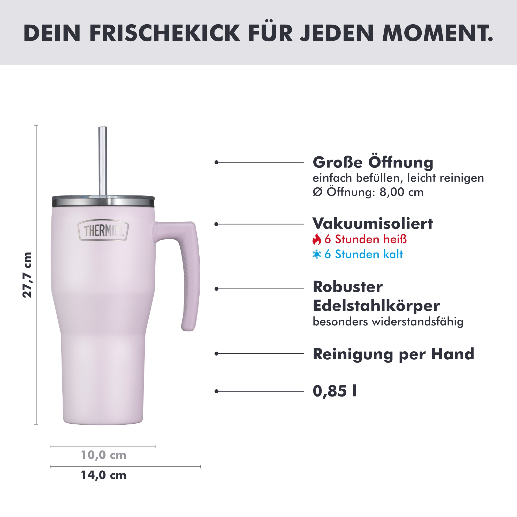 THERMOS Thermobecher »REFRESHING SERIES ISOLIERTRINKBECHER mit Strohhalm« 0,85l, 6h heiß & 6h kalt, mit Griff