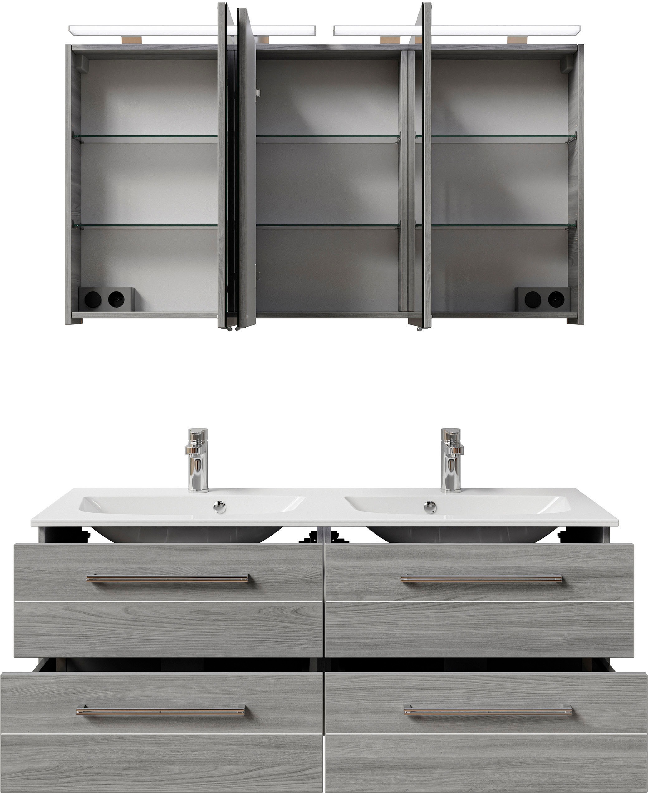 Saphir Badmöbel-Set »Serie 6025 2-teilig Mineralmarmor-Waschtisch mit LED-Spiegelschrank«, (2 St.), Waschplatz 132cm breit, 4 Schubladen, 2 Spiegel-Türen, inkl Türdämpfer