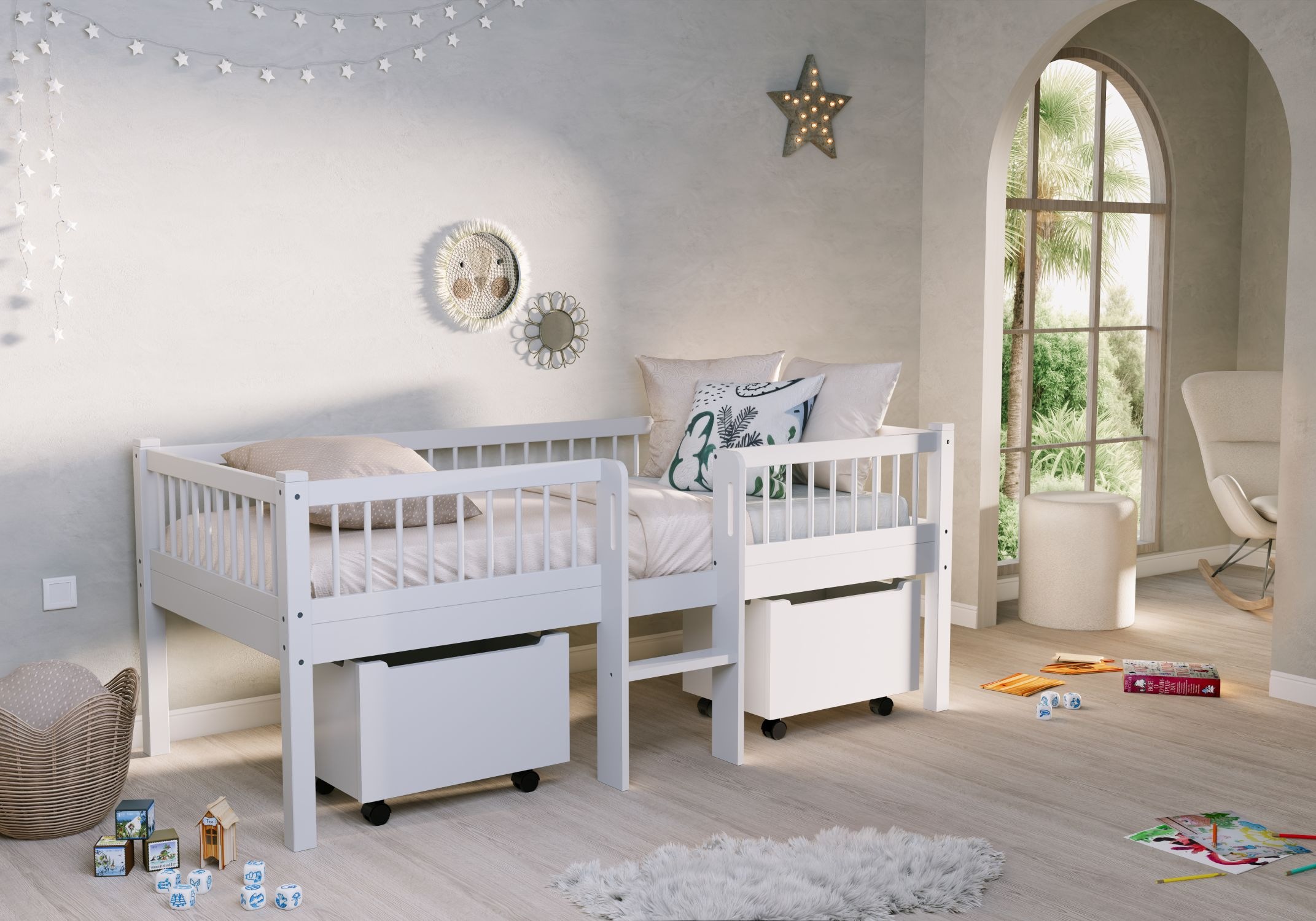 Vipack Massivholzbett »Forrest Made in Europe, stabil und hochwertig gebaut, mit 2 Rollboxen« 90/200 cm, mit Rollrost und Leiter, seitenverkehrt montierbar, 