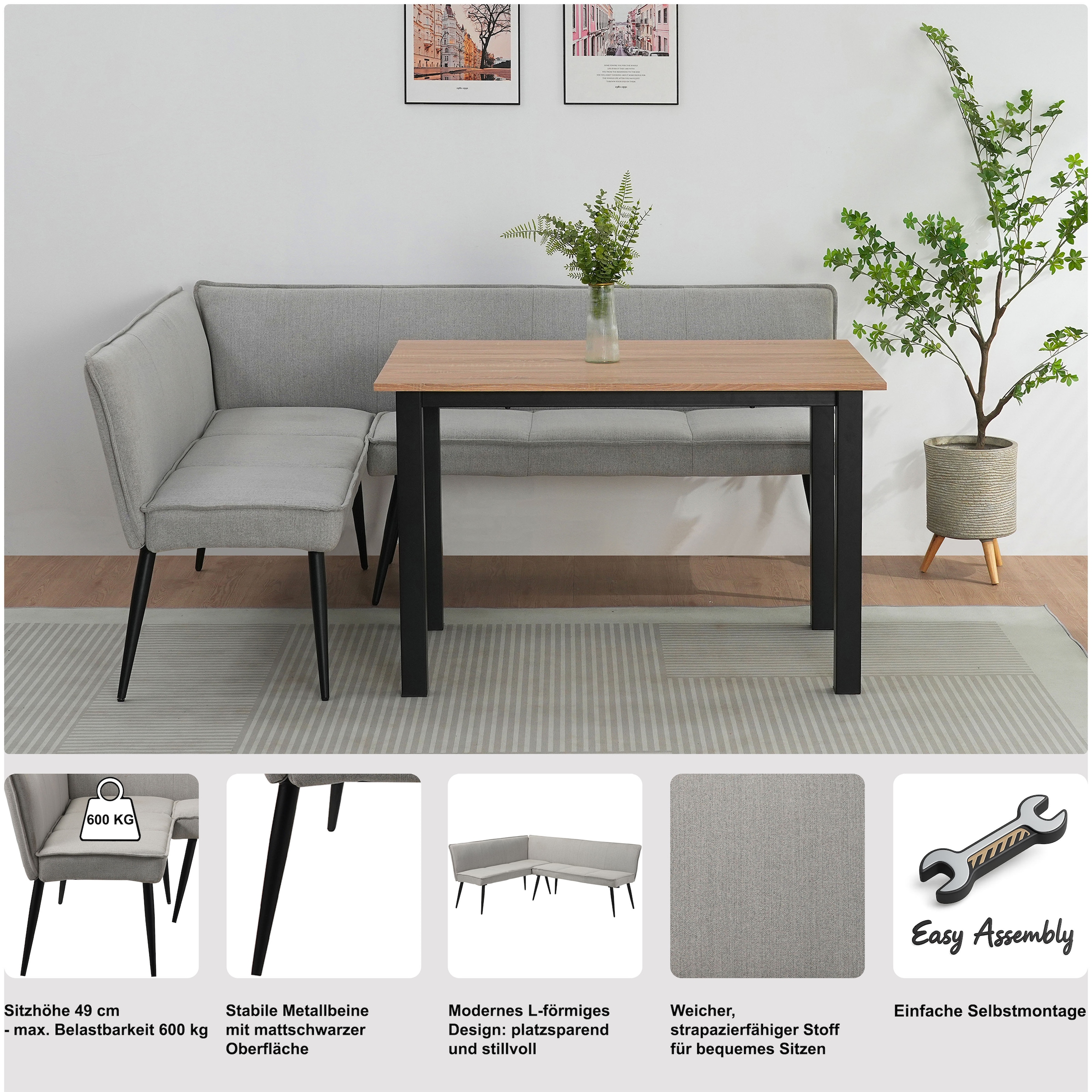 OTTO home Essbank »Ianna« schwarze Metallbeine, pflegeleichtem Webstoff Bezug, Breite 193 cm