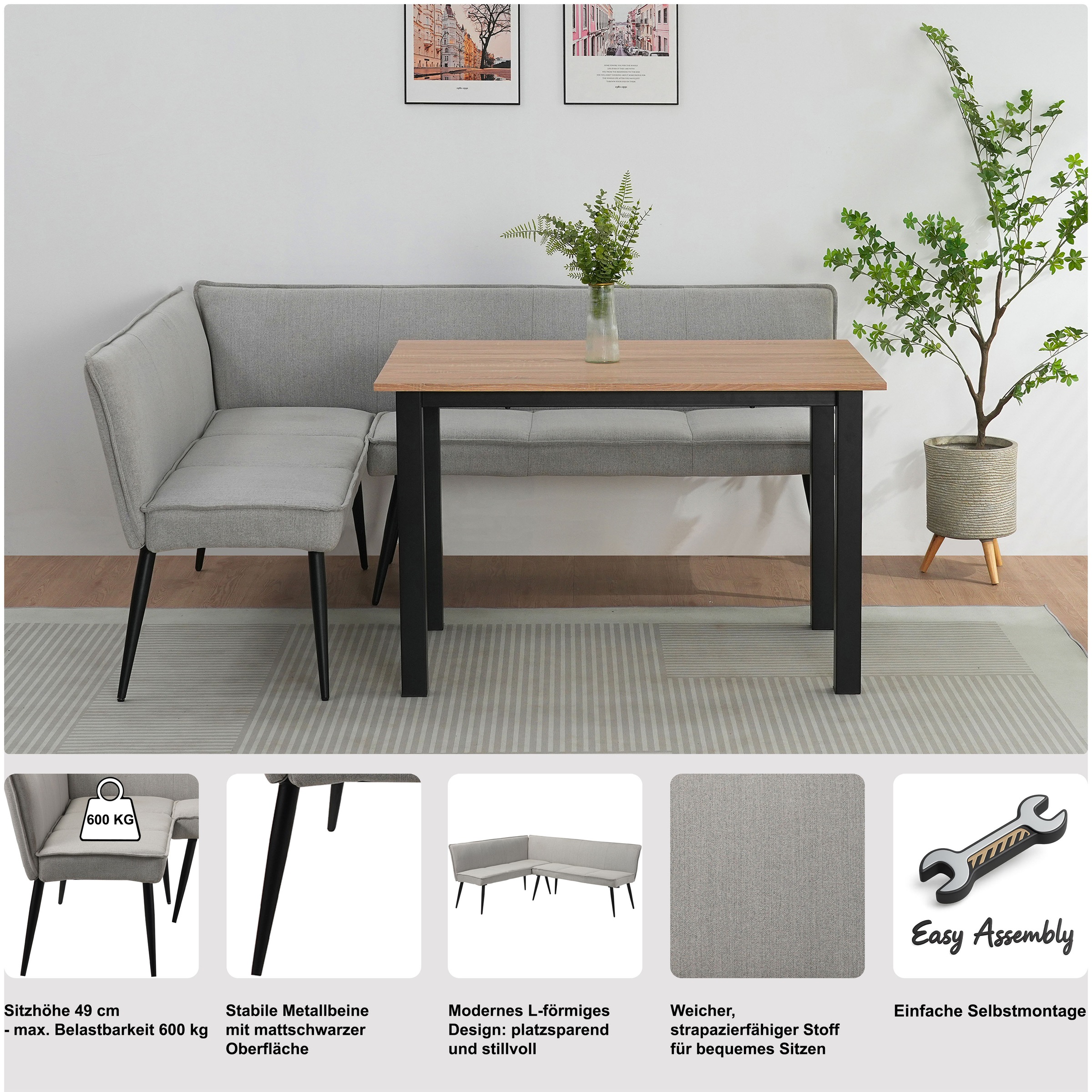 Essbank OTTO HOME "Ianna", hellgrau, schwarz, B:190.139cm H:82cm T:62cm, 100% Polyester, Sitzbänke, Essbank, schwarze Metallbeine, pflegeleichtem Webstoff Bezug, Breite 193 cm 2