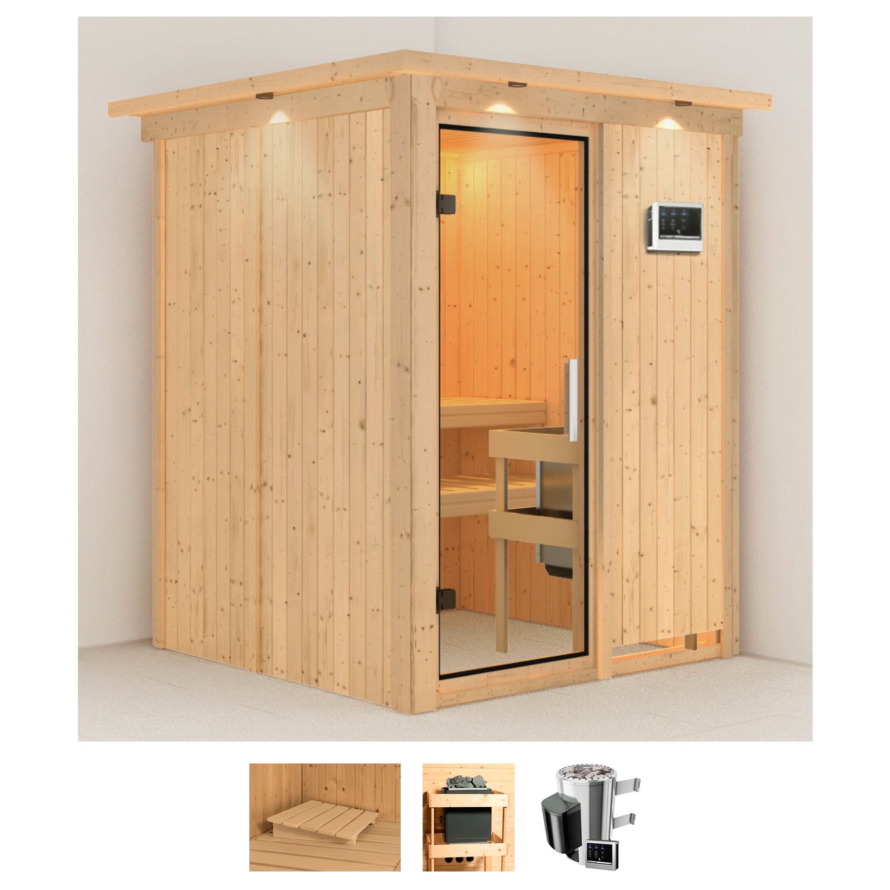 Karibu Sauna »Milaja«, (Set), 3,6-kW-Plug & Play Ofen mit externer Steuerung