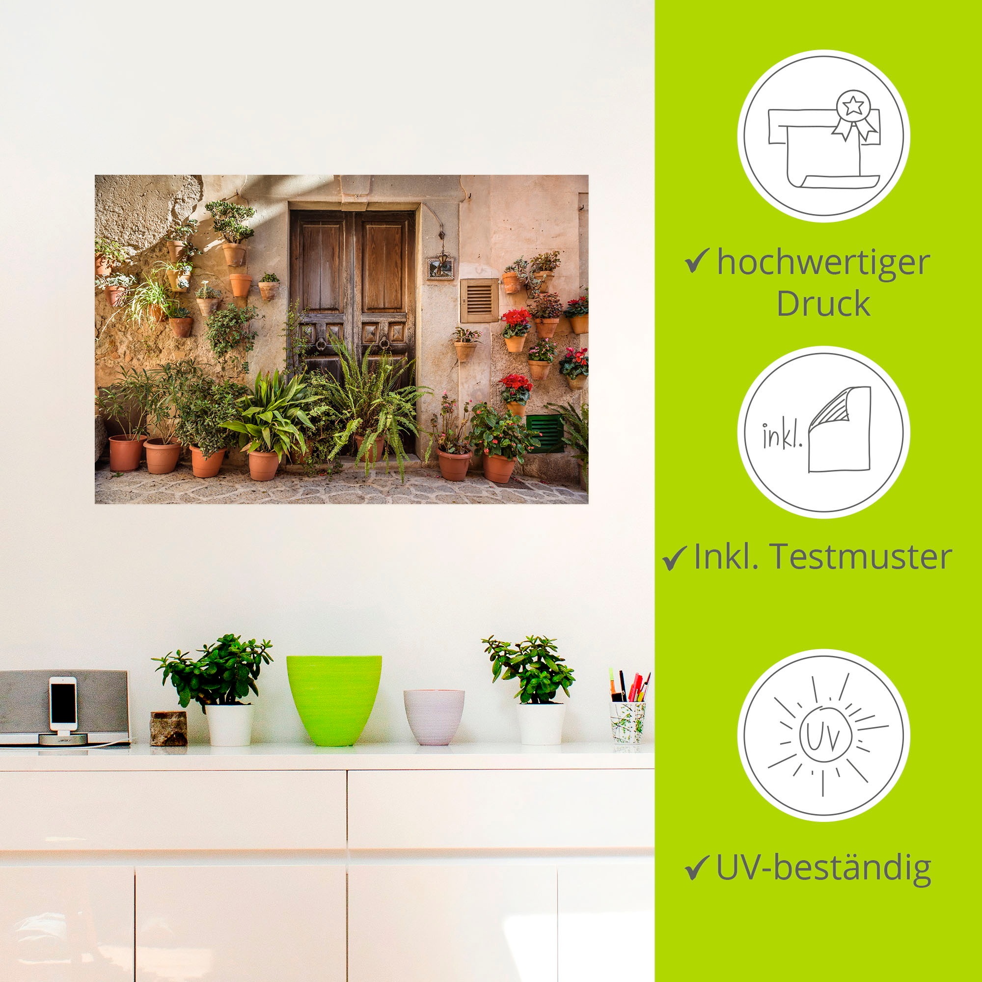 Artland Wandbild »Altstadtgasse Mallorca, Spanien«, Pflanzenbilder, (1 St.), als Alubild, Outdoorbild, Leinwandbild, Poster, Wandaufkleber