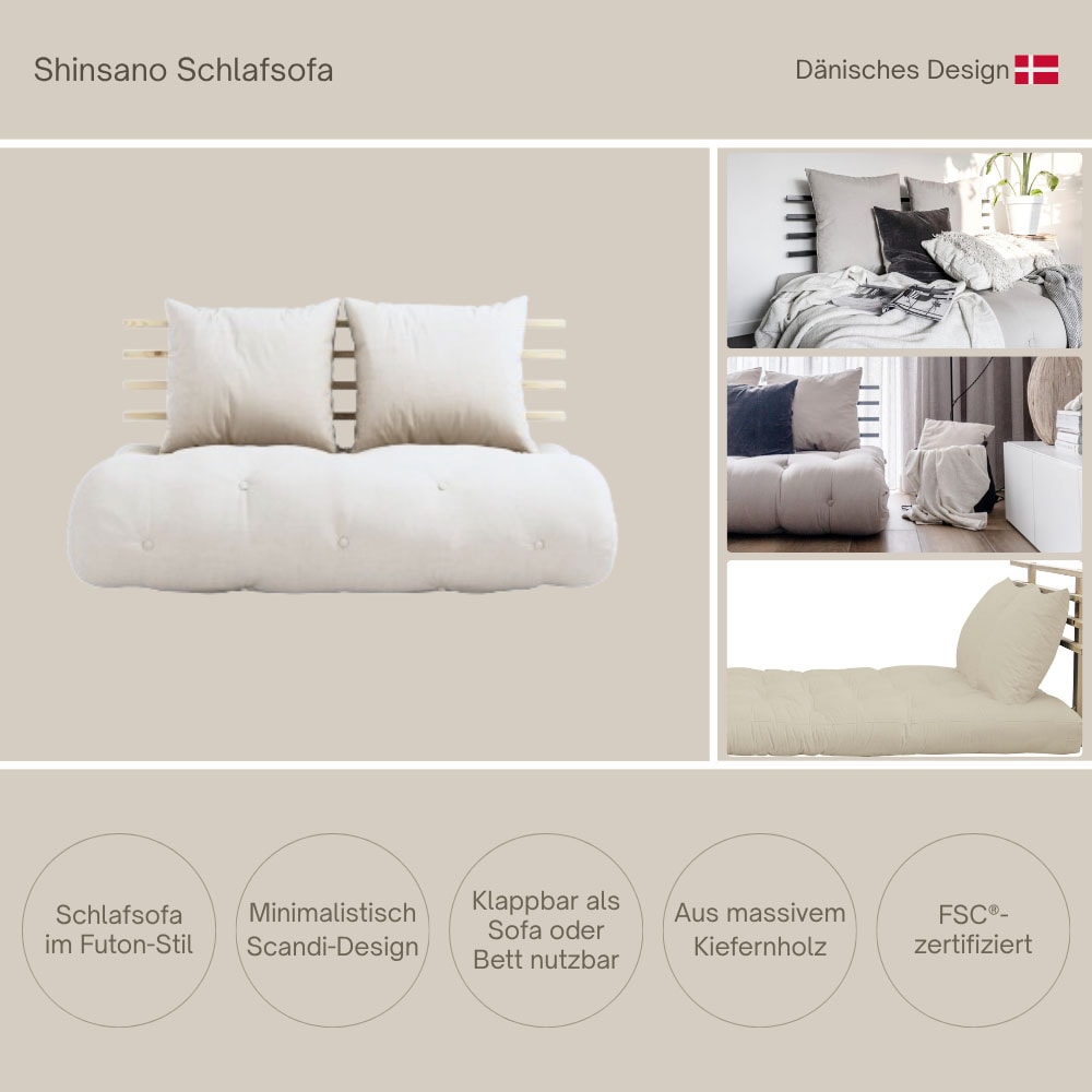 Karup Design Schlafsofa »Shinsano, futonstil, Rückenrahmen und zweiteiligem Kissenset« aus massivem Kiefernholz, faltbarer Matratze, multifunktional, Scandi