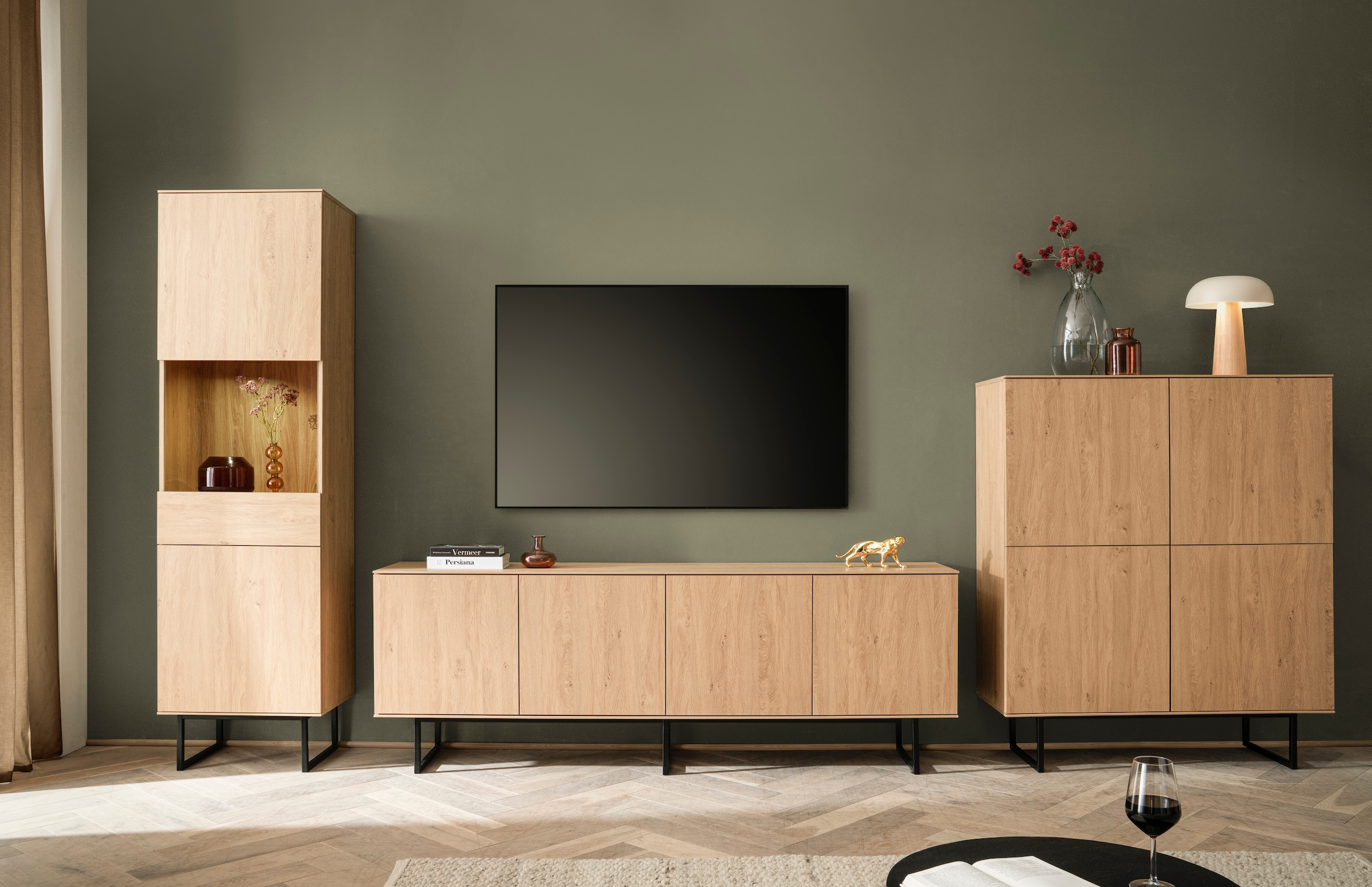Home affaire Wohnwand »Lund, moderne Anbauwand, Wohnzimmer-Set in Stone Oak«, (3 St.), enthält Vitrine, Lowboard und Higboard