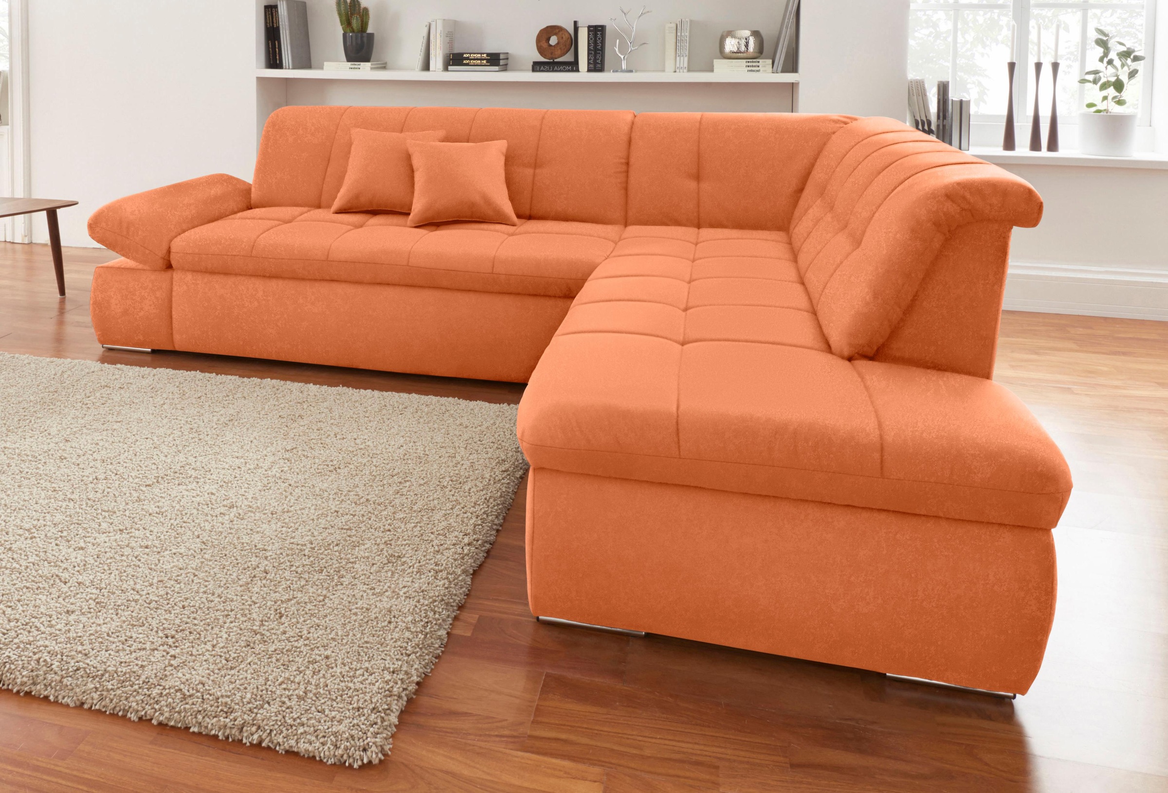 DOMO collection Ecksofa "NMORIC inkl. Zierkissen 273x216x80 cm L-Form" Ottomanen-Abschluss, wahlweise mit Bettfunktion und Armlehnverstellung