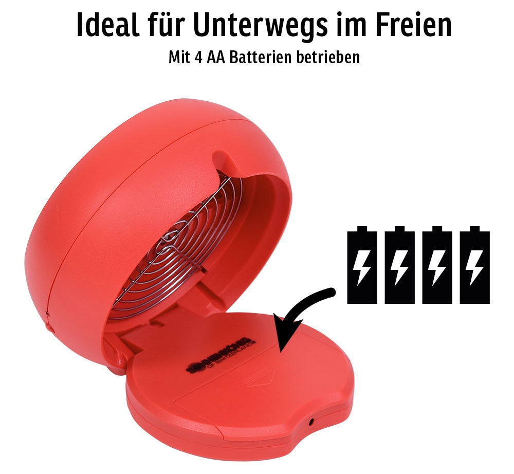 Sonnenkönig Tischventilator »Dinky rot, Leistung 4x 4.5 AA, USB, Trafostecker oder Batterien«, 3 Stufen, LED Lampe, geringer Energieverbrauch