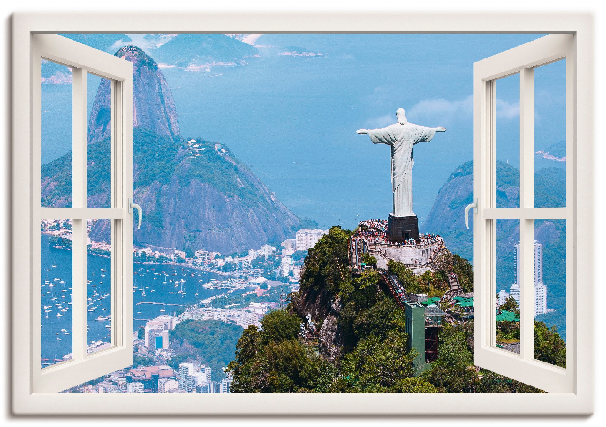 Artland Größen Cristo«, BAUR oder | Leinwandbild, versch. St.), in Gebäude, als de Wandaufkleber »Fensterblick Alubild, Rio Janeiro mit Wandbild (1 Poster bestellen