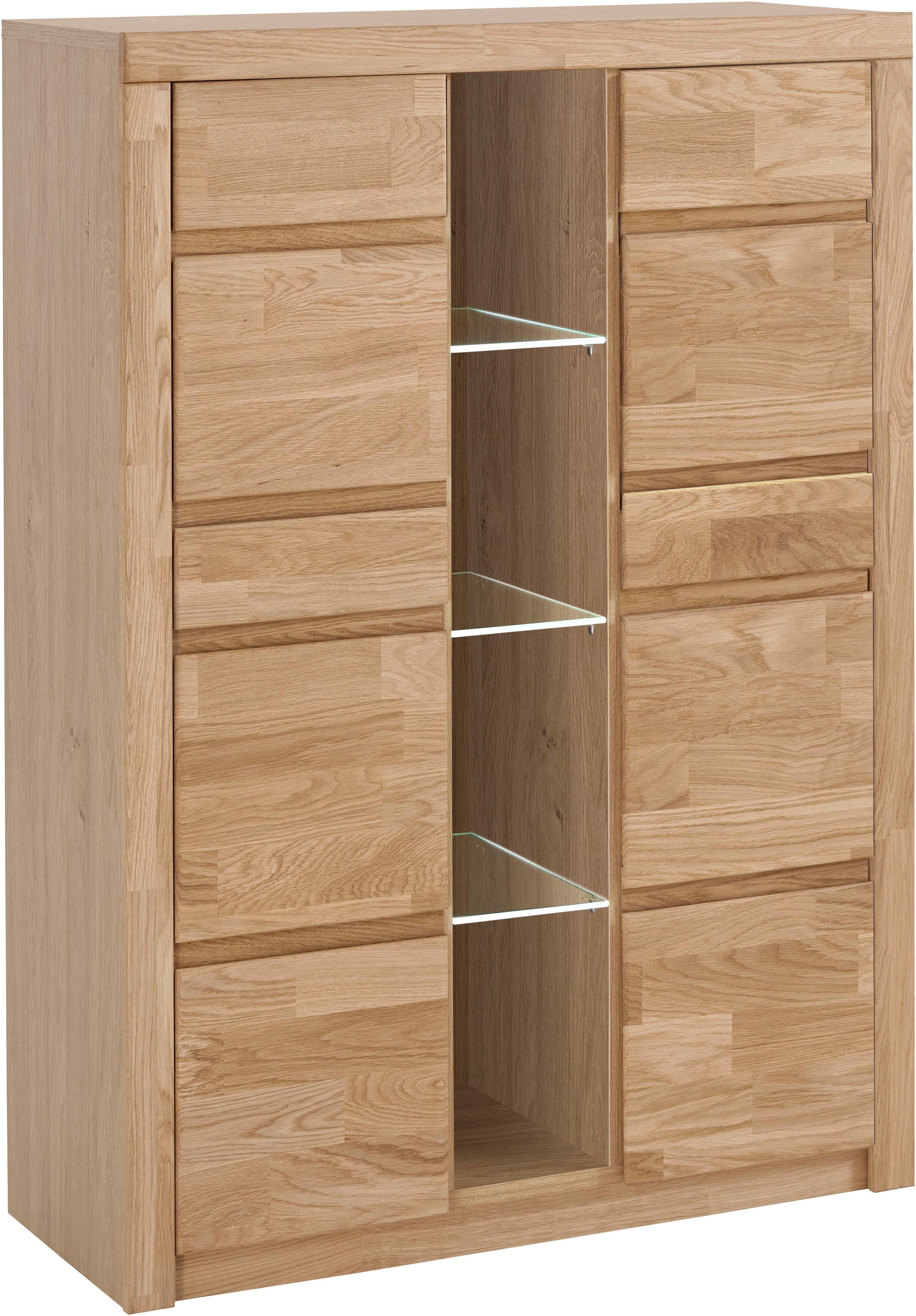 OTTO home Highboard "Silkeborg Fronten & Leisten aus Massivholz, Kospus aus Melamin" B/T/H: 90/35/125cm, 6 Melamin & 3 Glas einlegeboden die variabel sind.