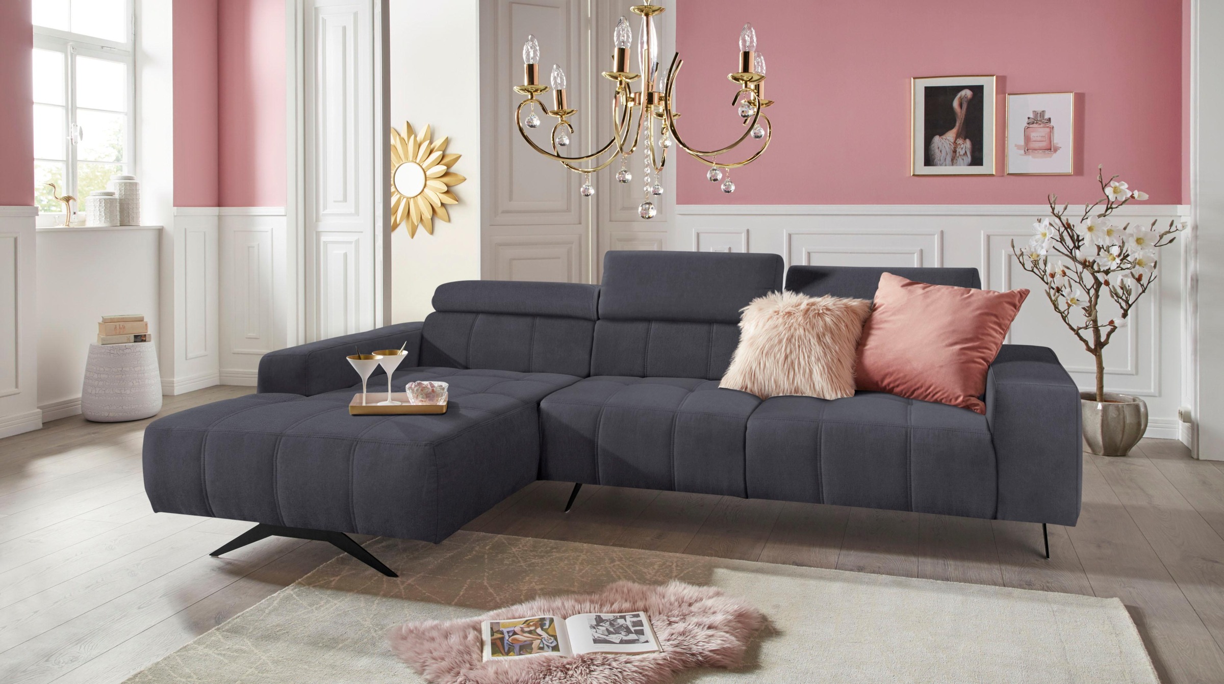 DOMO collection Ecksofa »Trento L-Form, mit Kufenfuß oder Einzelfuß«, wahlweise mit Kopfteilverstellung, Recamiere links/rechts bestellbar