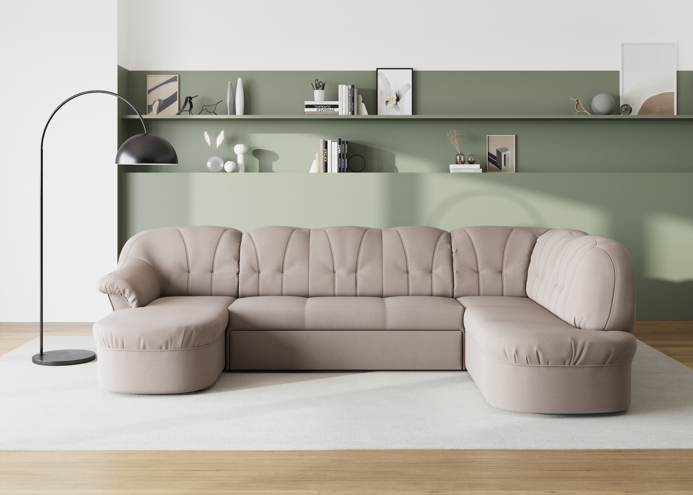 Wohnlandschaft DOMO COLLECTION "Pegnitz, zeitlos&modern, elegante Rückensteppung, Breite 292cm, U-Form", grau (taupe), B:292cm H:82cm T:180cm, 92% Polyester, 8% Nylon, Sofas, Wohnlandschaft, wahlweise mit Bettfunktion 6