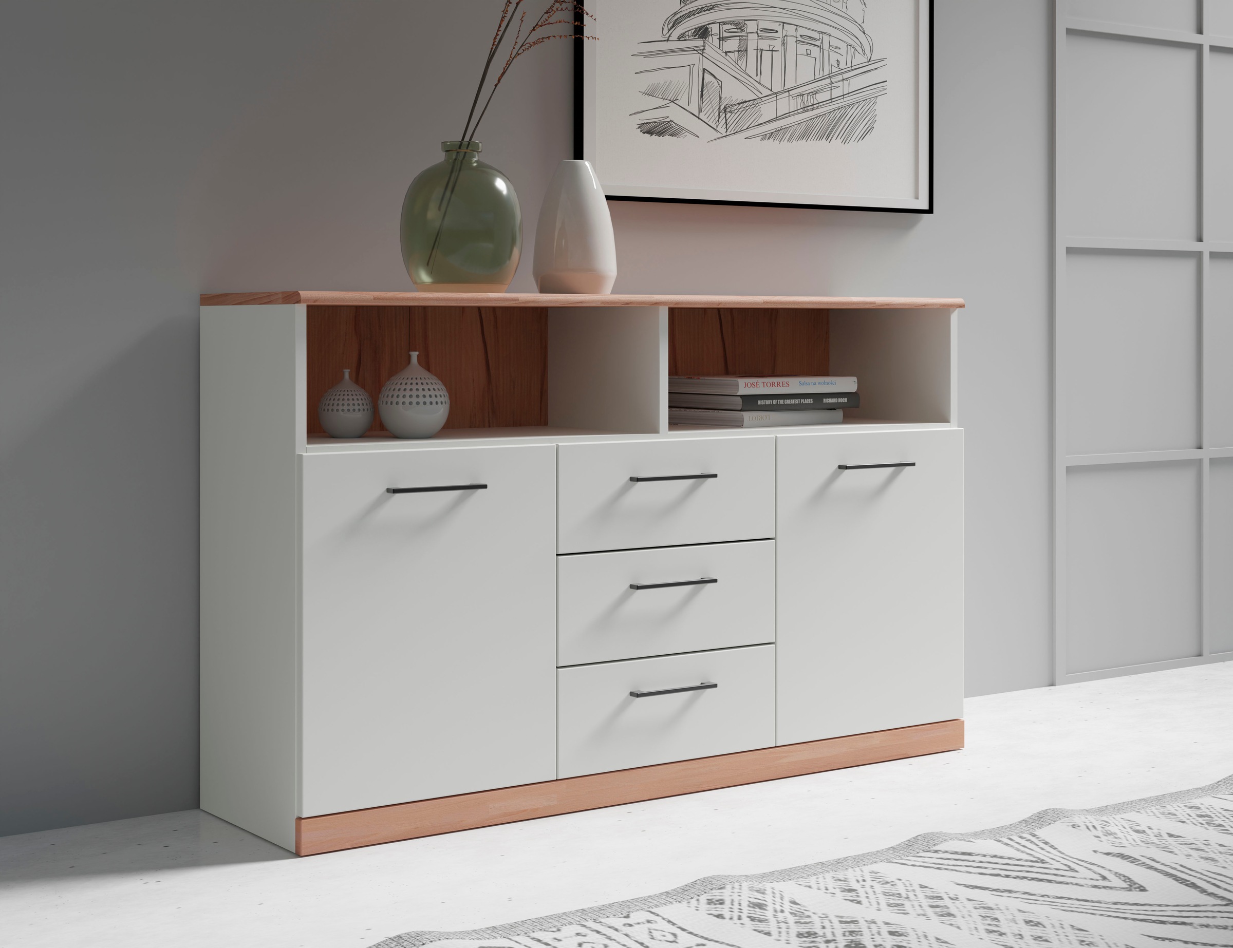 Home affaire Sideboard "Ribe,130cm breit,80cm hoch,Oberplatte Holz massiv,6 günstig online kaufen