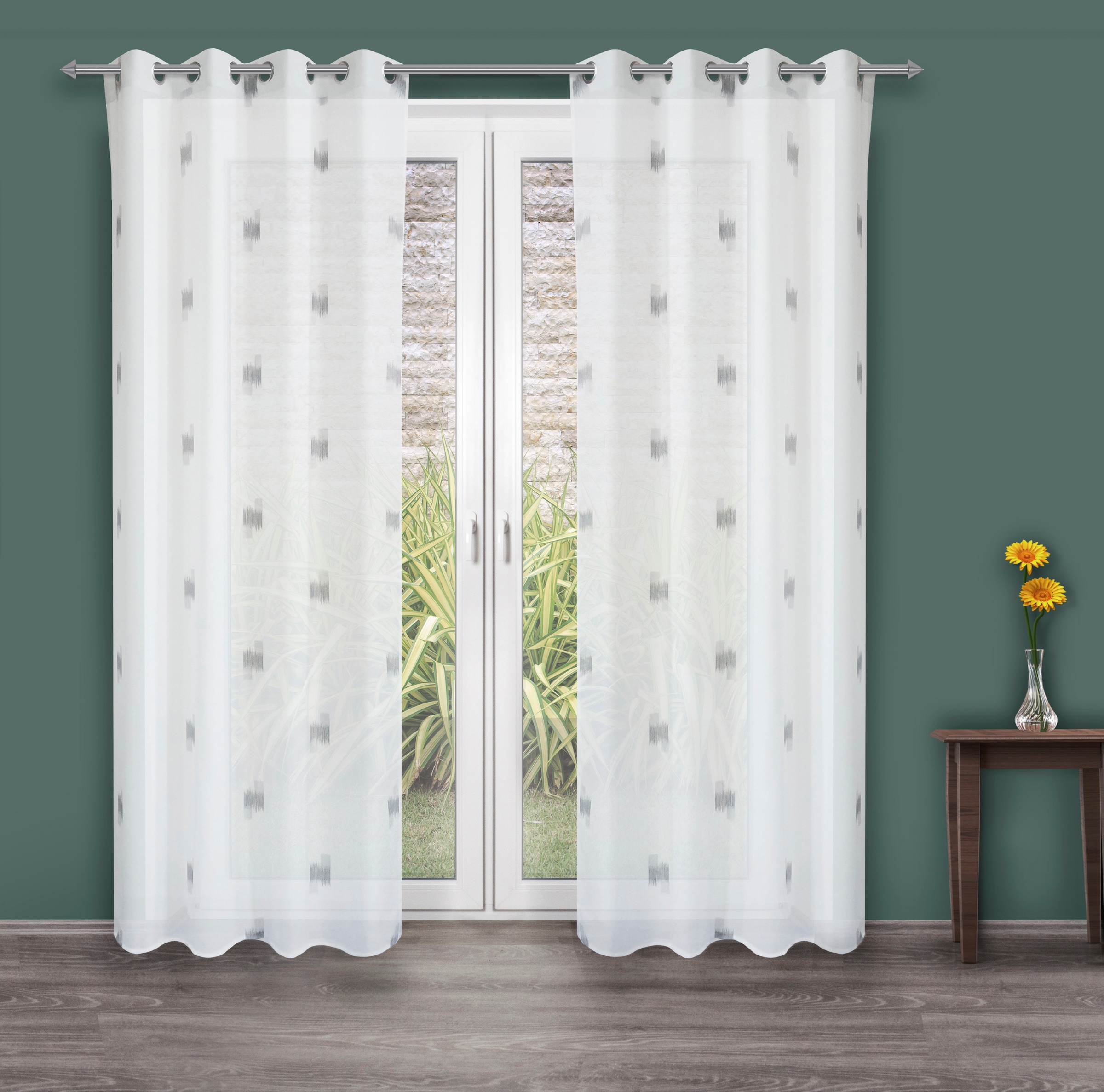 decolife Gardine "Toja" Ösen 1 Stk. tlg. Ösenschal weiß mit grauem Print günstig online kaufen