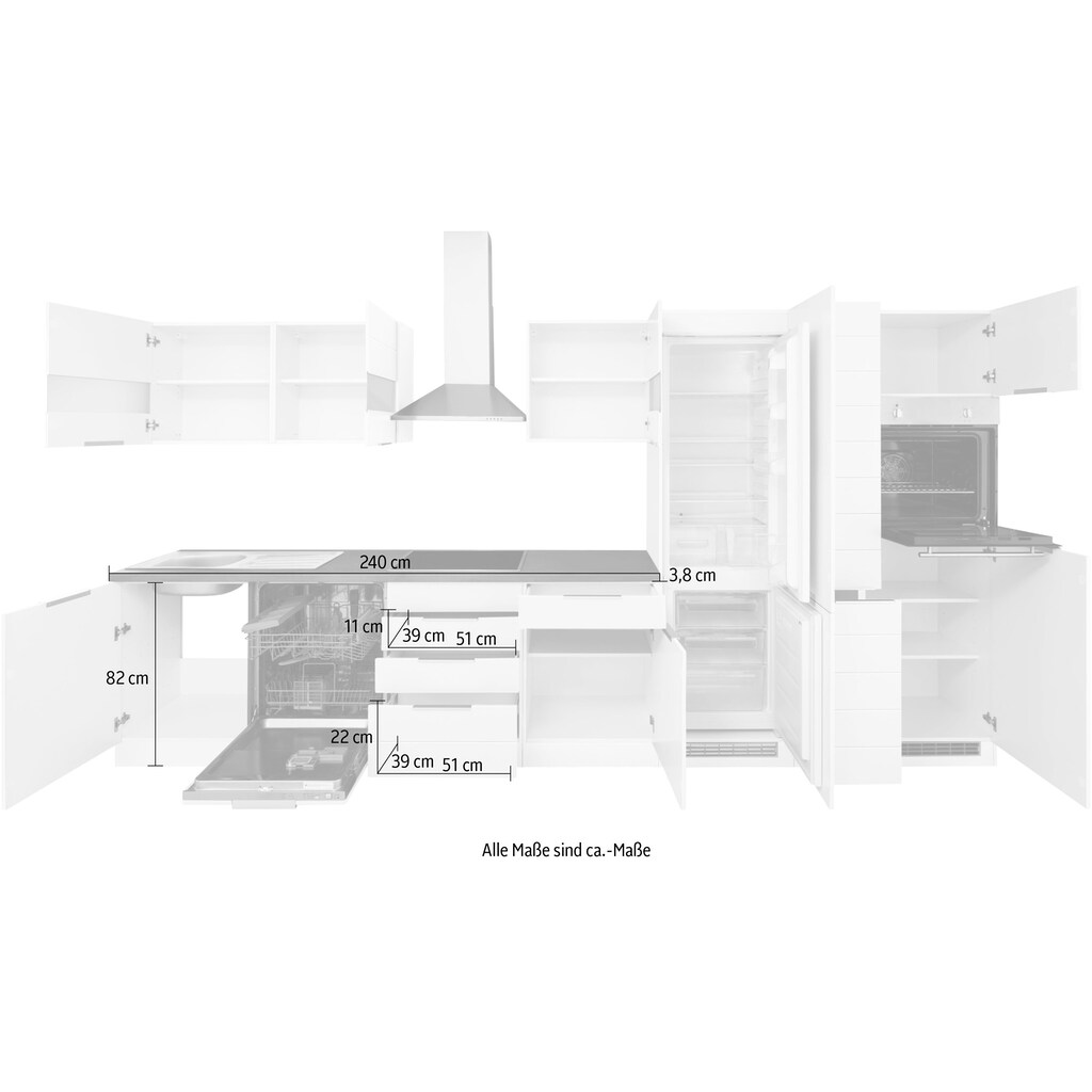 Kochstation Küche »KS-Luhe«, 390 cm breit, wahlweise mit oder ohne E-Geräten, gefräste MDF-Fronten