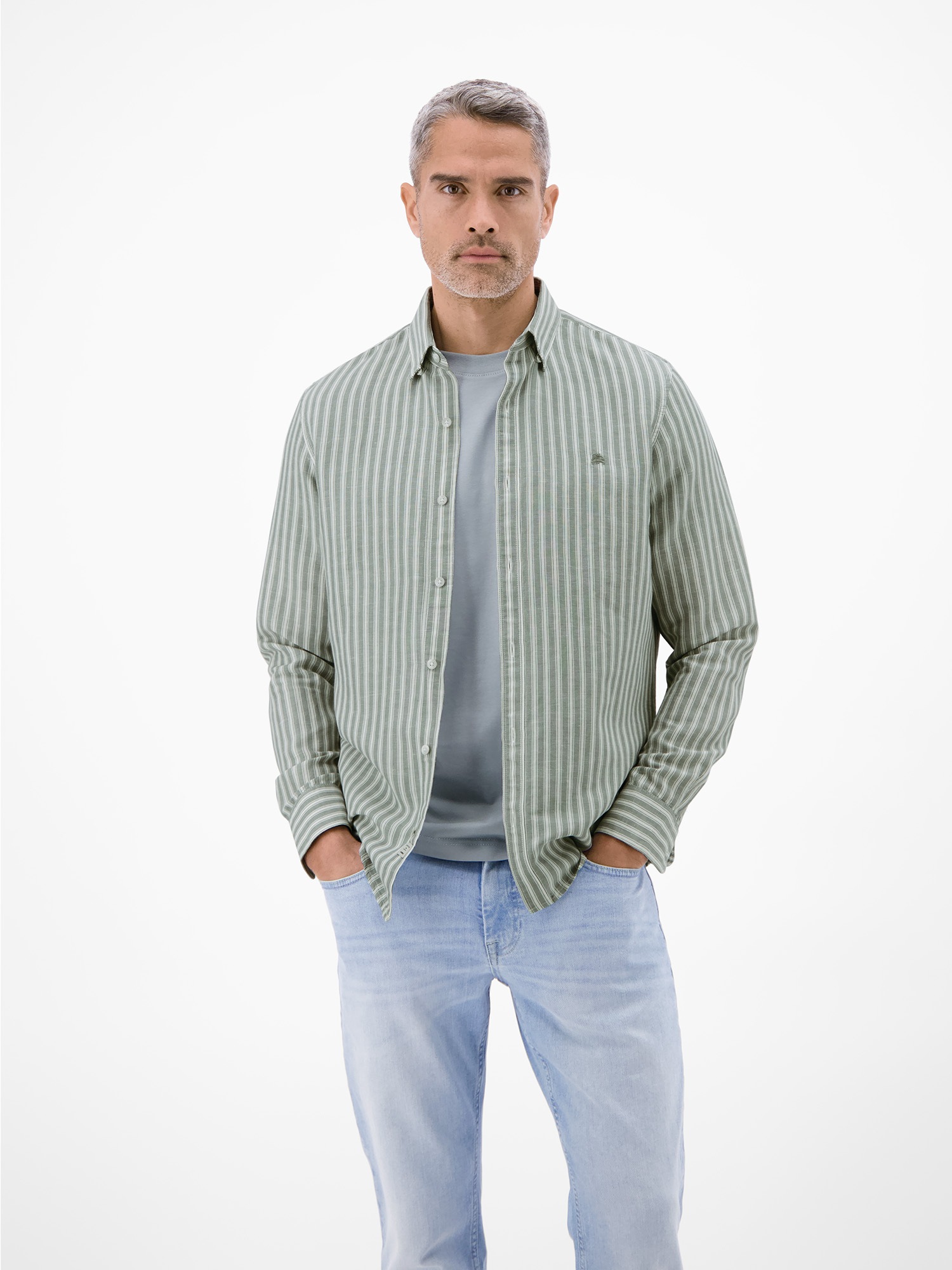 Leinenhemd LERROS "Gestreiftes Langarmhemd aus Leinen-Baumwoll-Mix", Herren, Gr. 3XL, Normalgrößen, storm grau, 55% Leinen, 45% Baumwolle, Hemden, Gestreift, 55% Leinen, 45% Baumwolle, Button‑down, 2‑Knopf 2