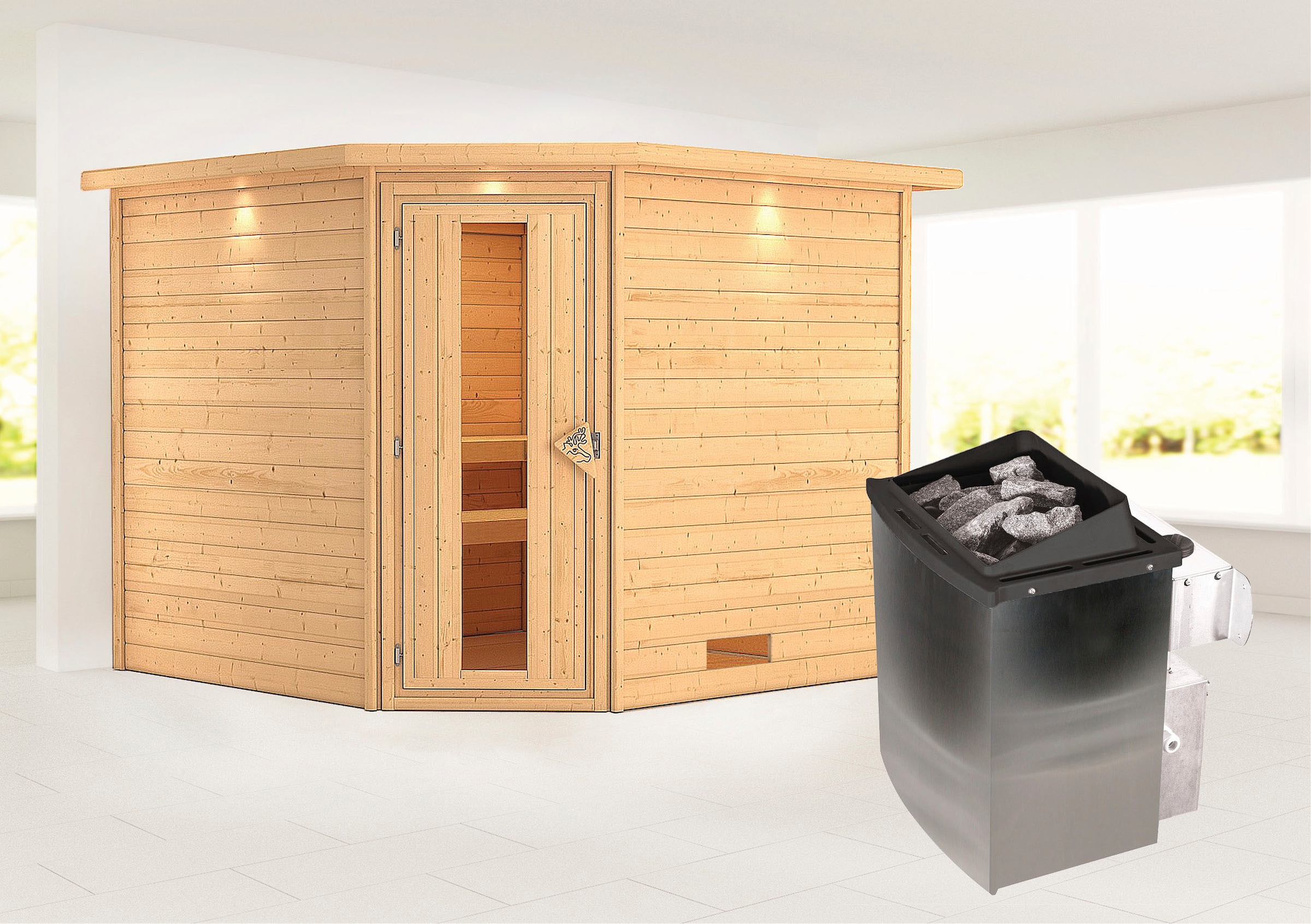 Karibu Sauna ""Leona" mit Kranz und Energiespartür Ofen 9 kW integr. Strg", aus hochwertiger nordischer Fichte