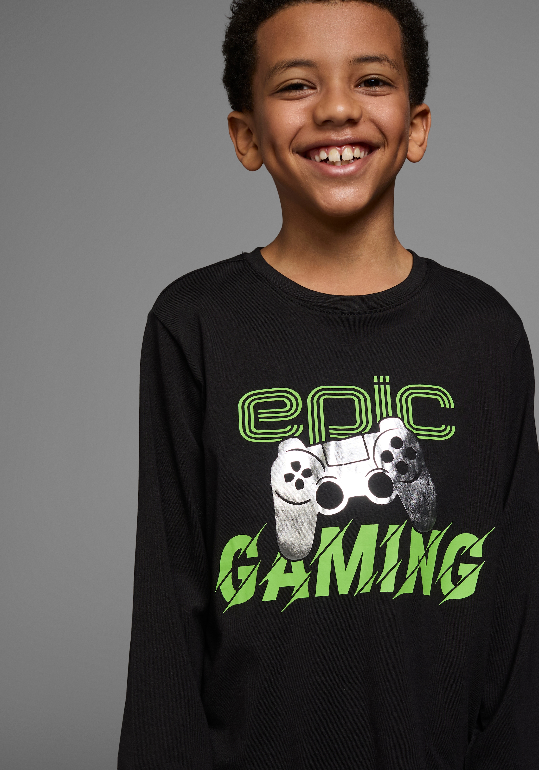 Langarmshirt KIDSWORLD "Folienprint: EPIC GAMING", Jungen, Gr. 128/134, schwarz, Jersey, Obermaterial: 100% Baumwolle, bedruckt, Basic, Basic, Rundhals, Shirts Langarmshirt, langärmelige, mit Statement-Print, mit Folienprint