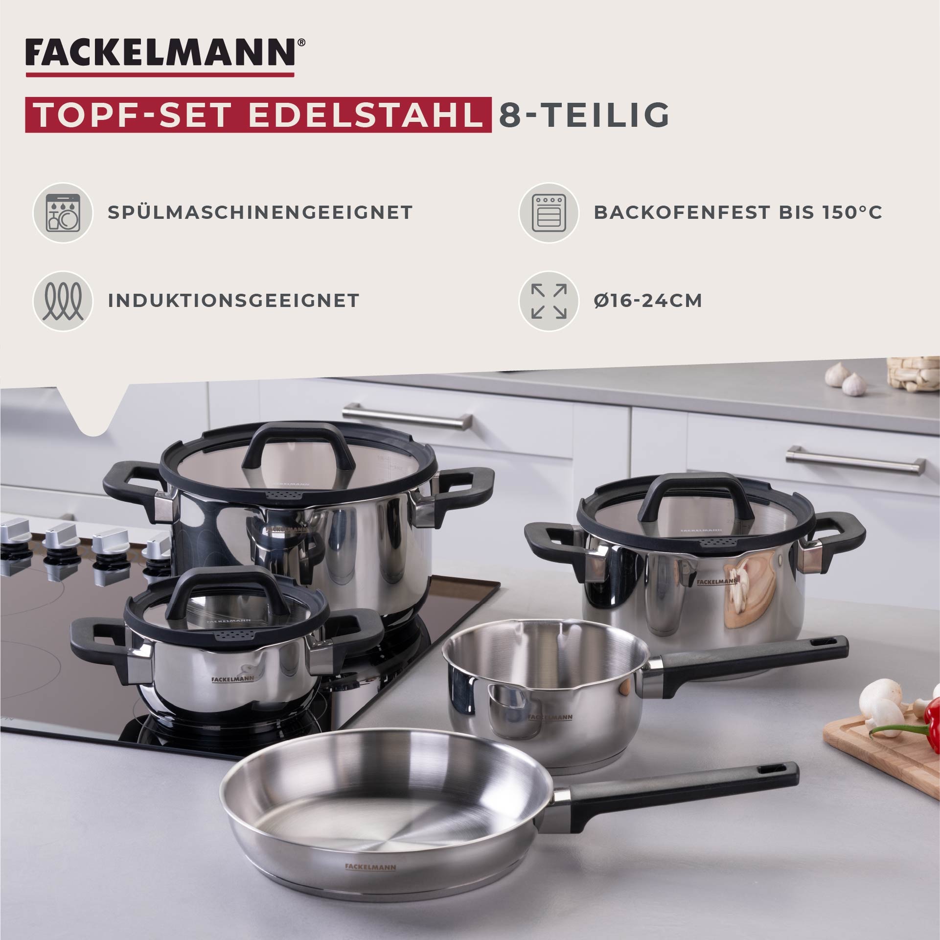 FACKELMANN Topf-Set »Elmau«, Edelstahl, (Set, 8 tlg.), Deckel mit Abgießfunktion