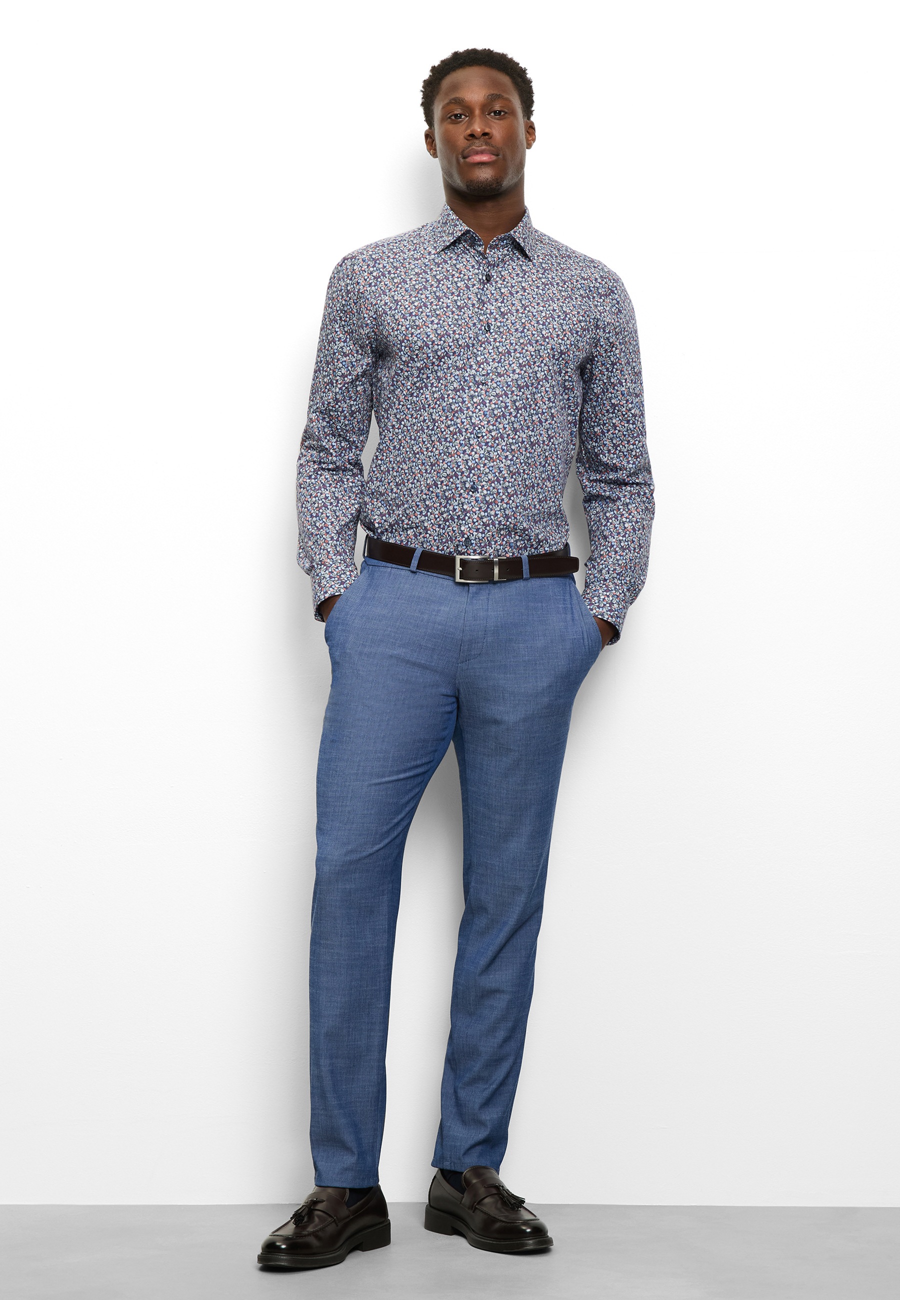 Langarmhemd OLYMP "Level Five", Herren, Gr. 40, N-Gr, marine, Web, Obermaterial: 100% Baumwolle, normal, 2-Knopf-Manschette, Hemden, Businesshemd, body fit, New York Kentkragen, florales Muster 3