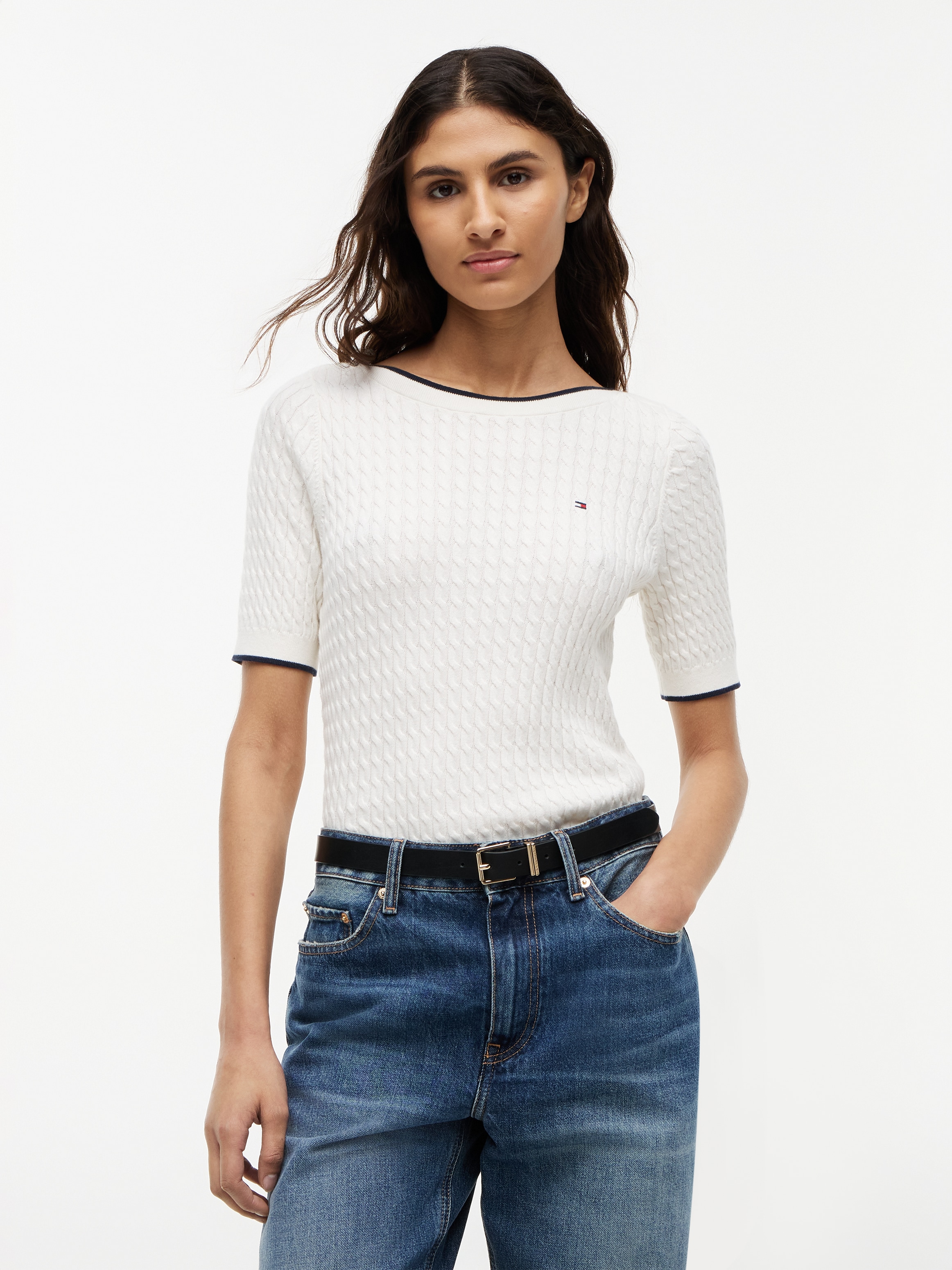 Tommy Hilfiger Kurzarmpullover "FINE GG CABLE BOAT NK S/S" Baumwolle, mit Zopfstrickmuster