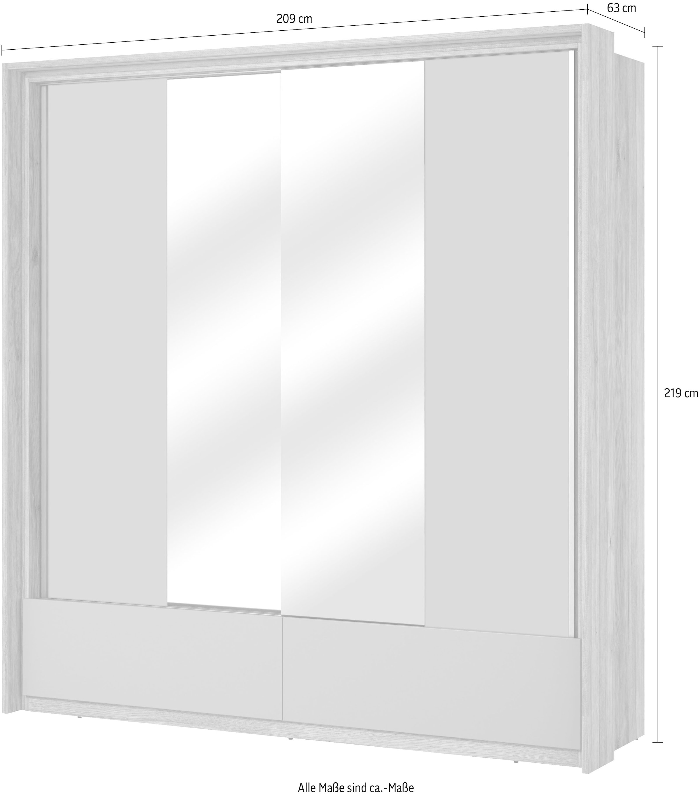 INOSIGN Schwebetürenschrank »Wharton, Breite 159 oder 209 cm, Kleiderschrank incl. Innenausstattung«, Wäscheschrank, 2 Schubkästen, 2 Spiegel, Metallgriffe, Garderobe