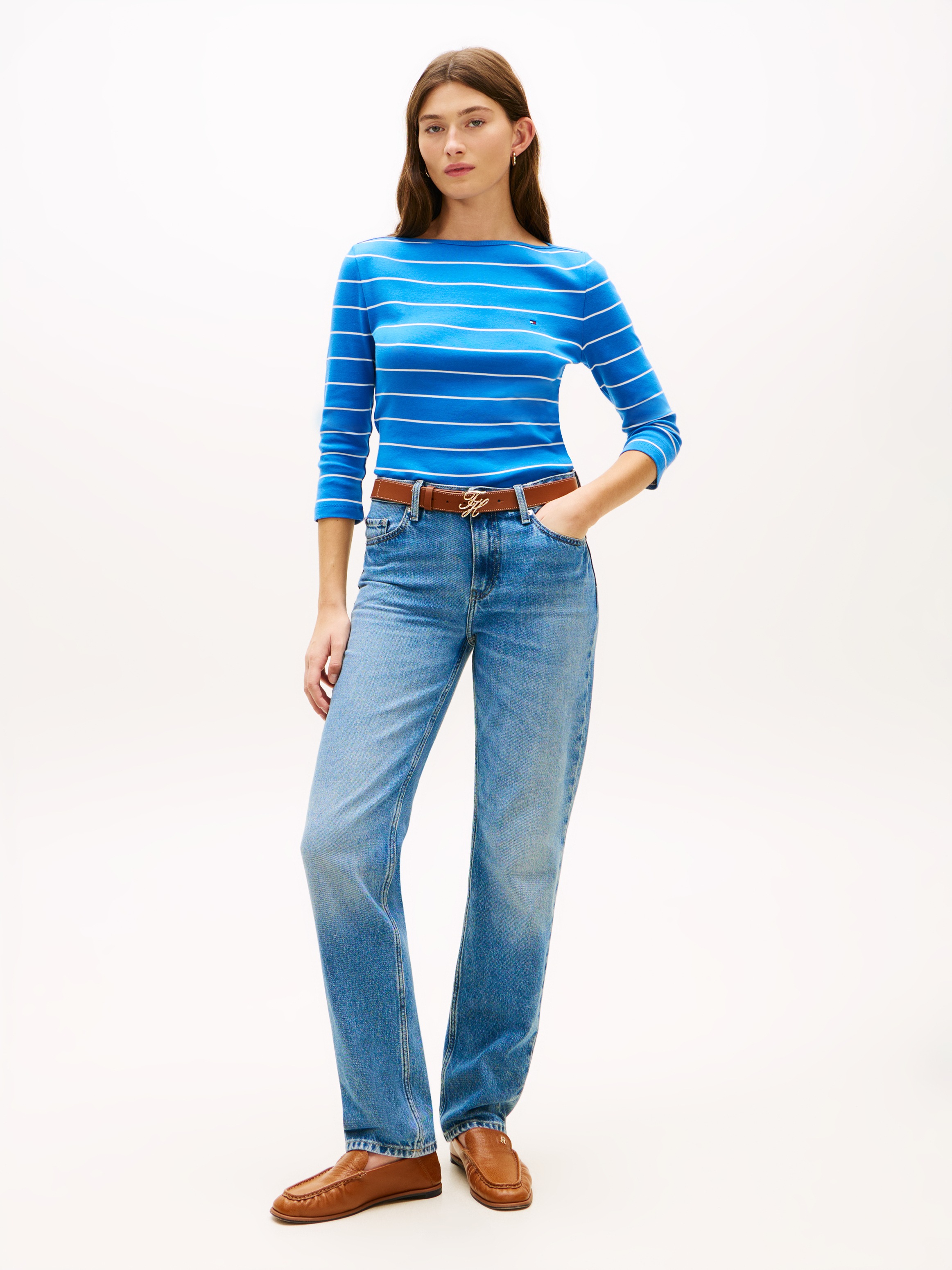 3/4-Arm-Shirt TOMMY HILFIGER "NEW CODY SLIM BOAT-NECK", Damen, Gr. XL (46), fine stp blau orbit, ecru, Shirts 3/4-Arm-Shirt, mit Logostickerei 3