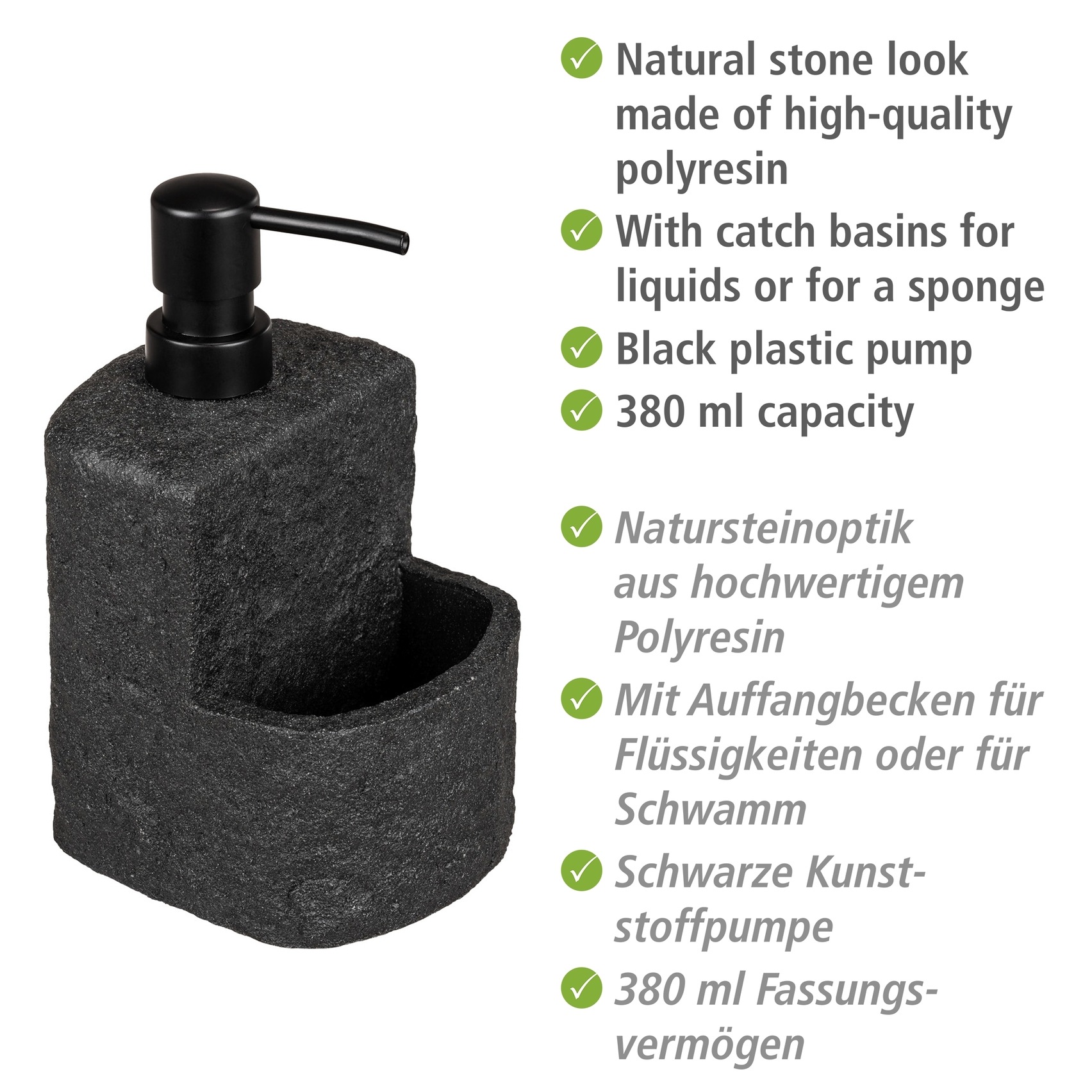 WENKO Spülmittelspender »Modell Festival«, aus Polyresin, Steinoptik, mit Spülschwamm-Fach, 380 ml