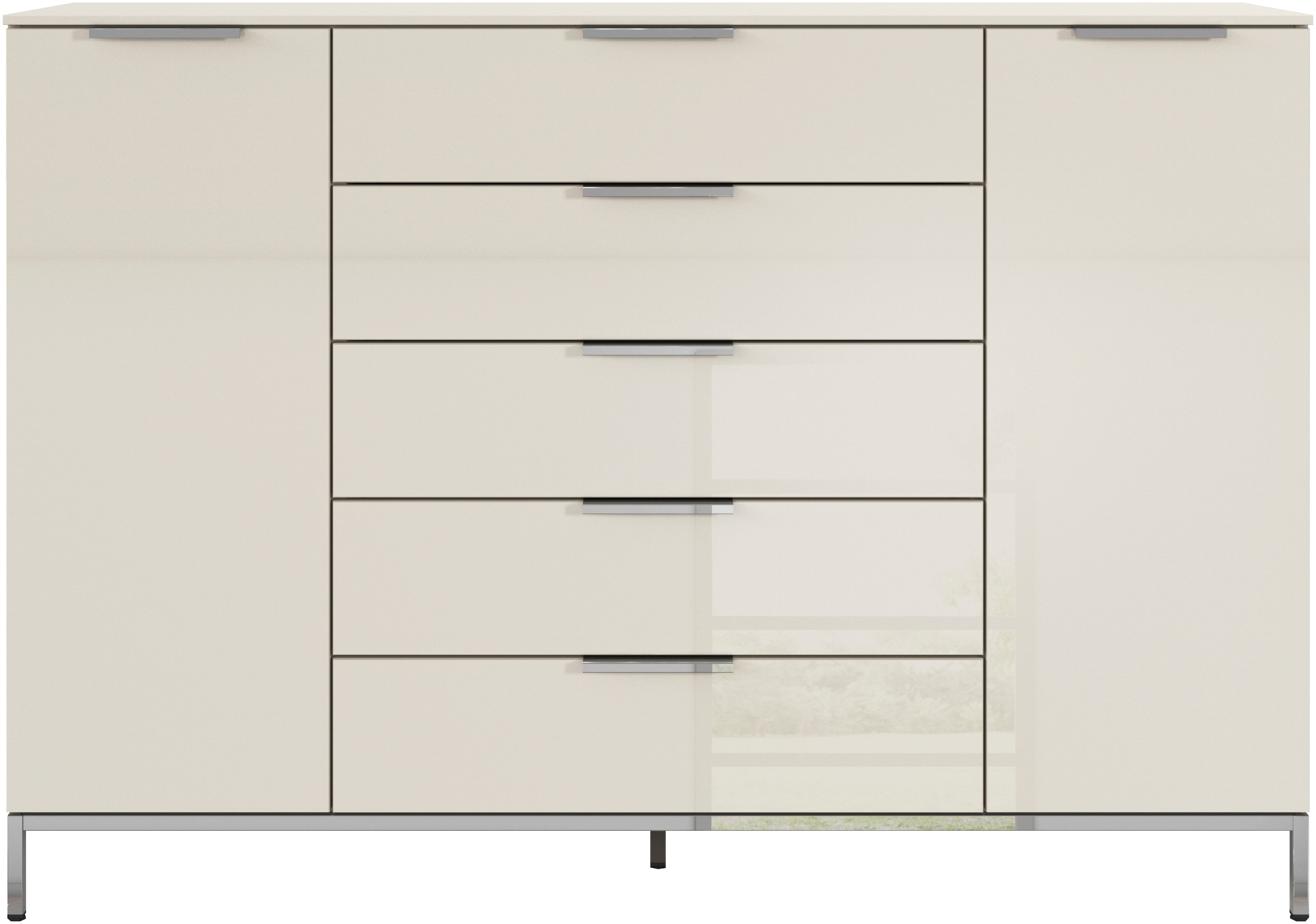 rauch Schubkastenkommode »Kommode Türkommode Sideboard Kombikommode FLIPP mit Glasfront«, (Breite 160/180 cm mit 4 Einlegeböden), 2-trg mit 5 Schubladen und Soft-Close-Funktion, Glasfront, 2 Breiten
