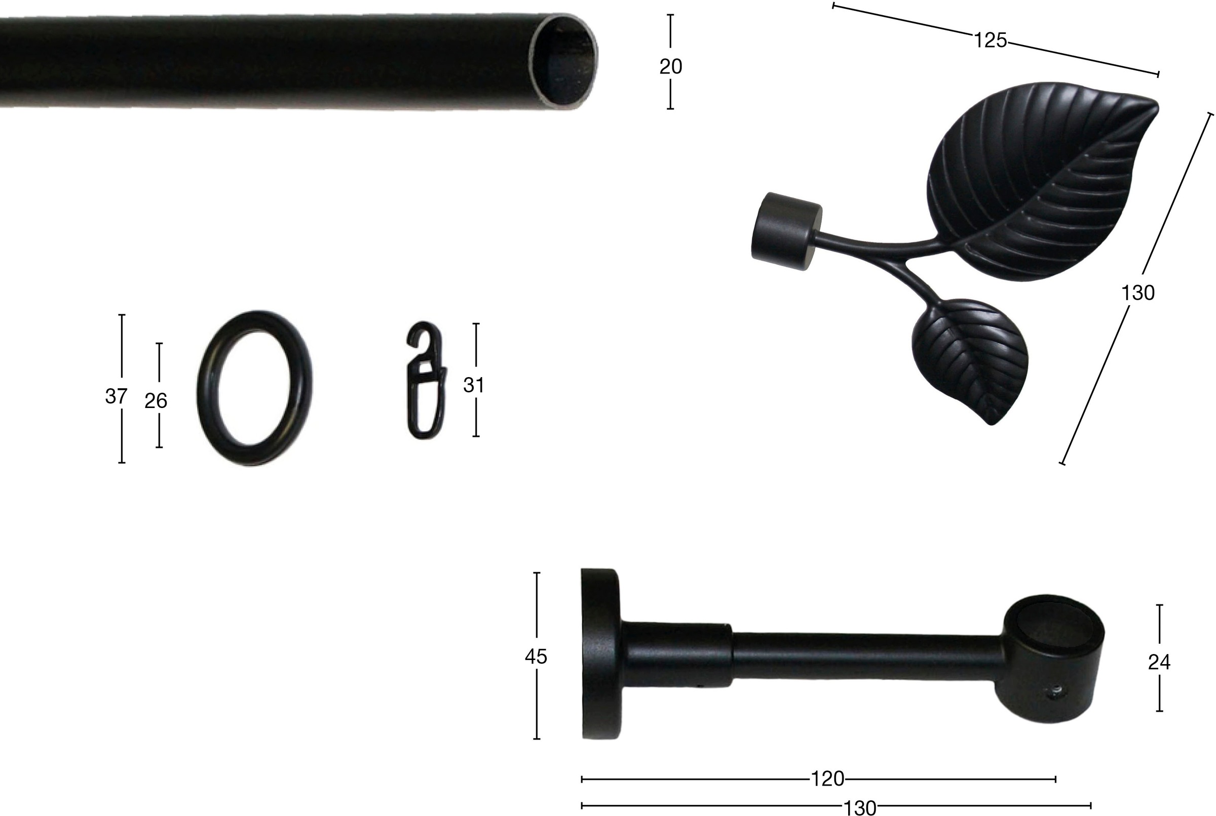 Thumbnail - GARESA Gardinenstange "BLATT" Ø 20 mm 1 läufig-läufig Wunschmaßlänge Vorhanggarnitur, Kunststoff, verlängerbar, mit Ring...