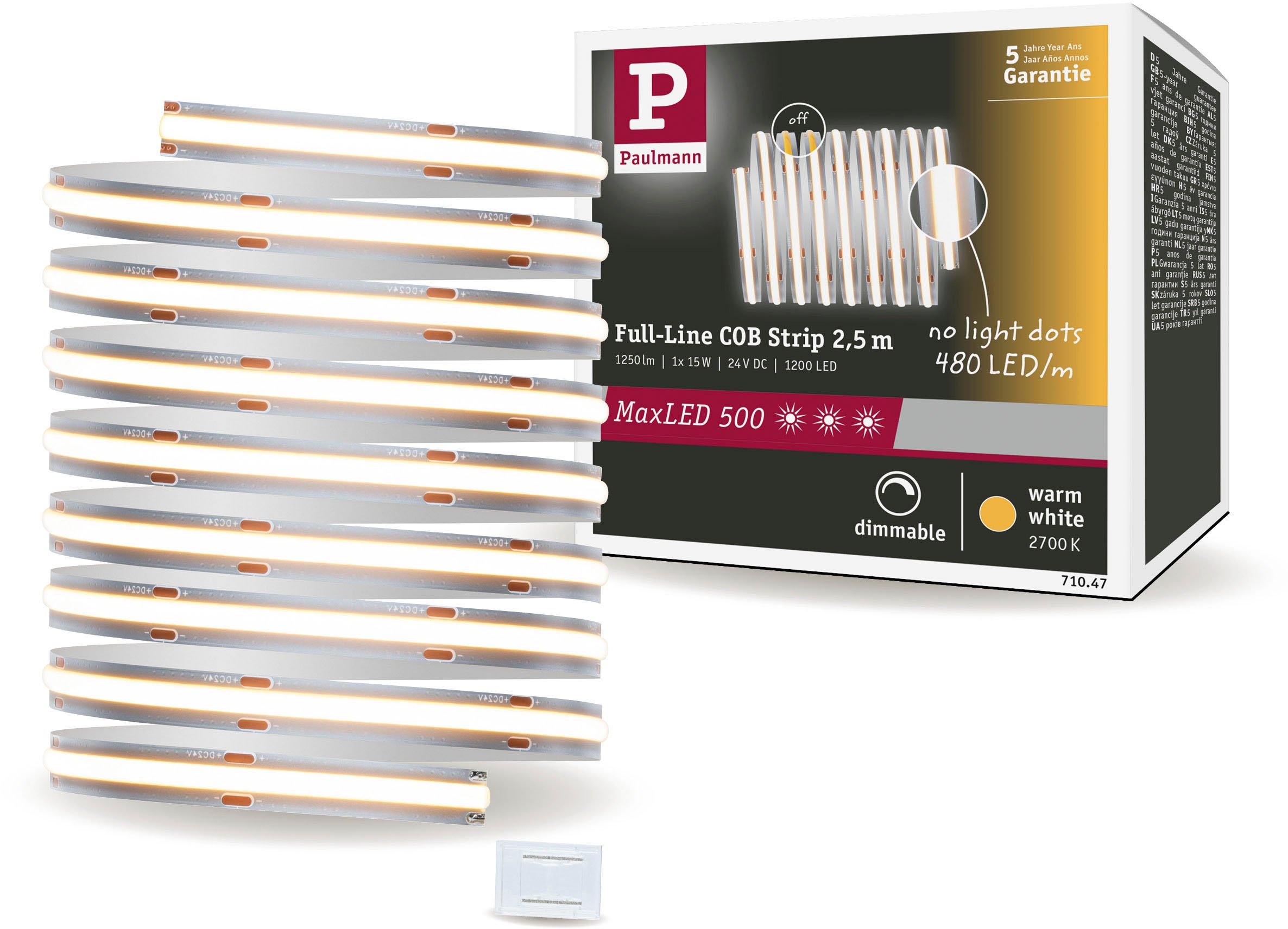 PAULMANN LED-Streifen "MaxLED 500 Full-Line COB Einzelstripe 2,5m Warmweiß 15W 1250lm 2700K", Dioden 1.200 Stk. Flammen 1 Stk., Gesamtlänge 2,5m,
