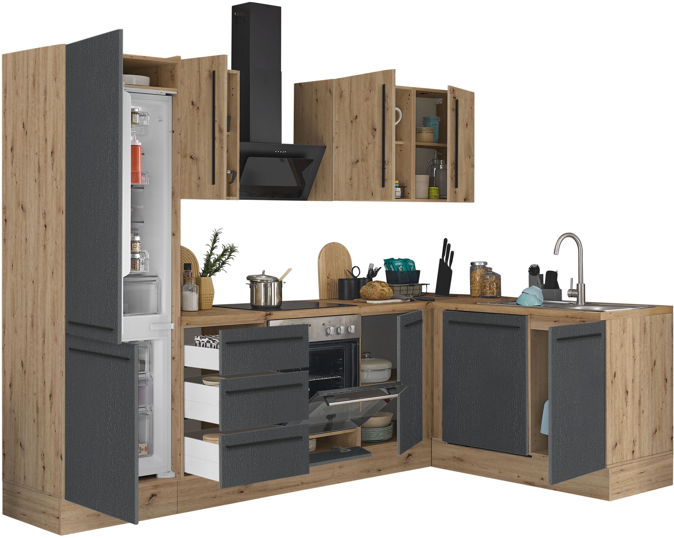 KOCHSTATION Winkelküche »Florida, Stellbreite 280x165 cm«, wahlweise mit E-Geräten, mit Softclose für Türen und Schubkästen