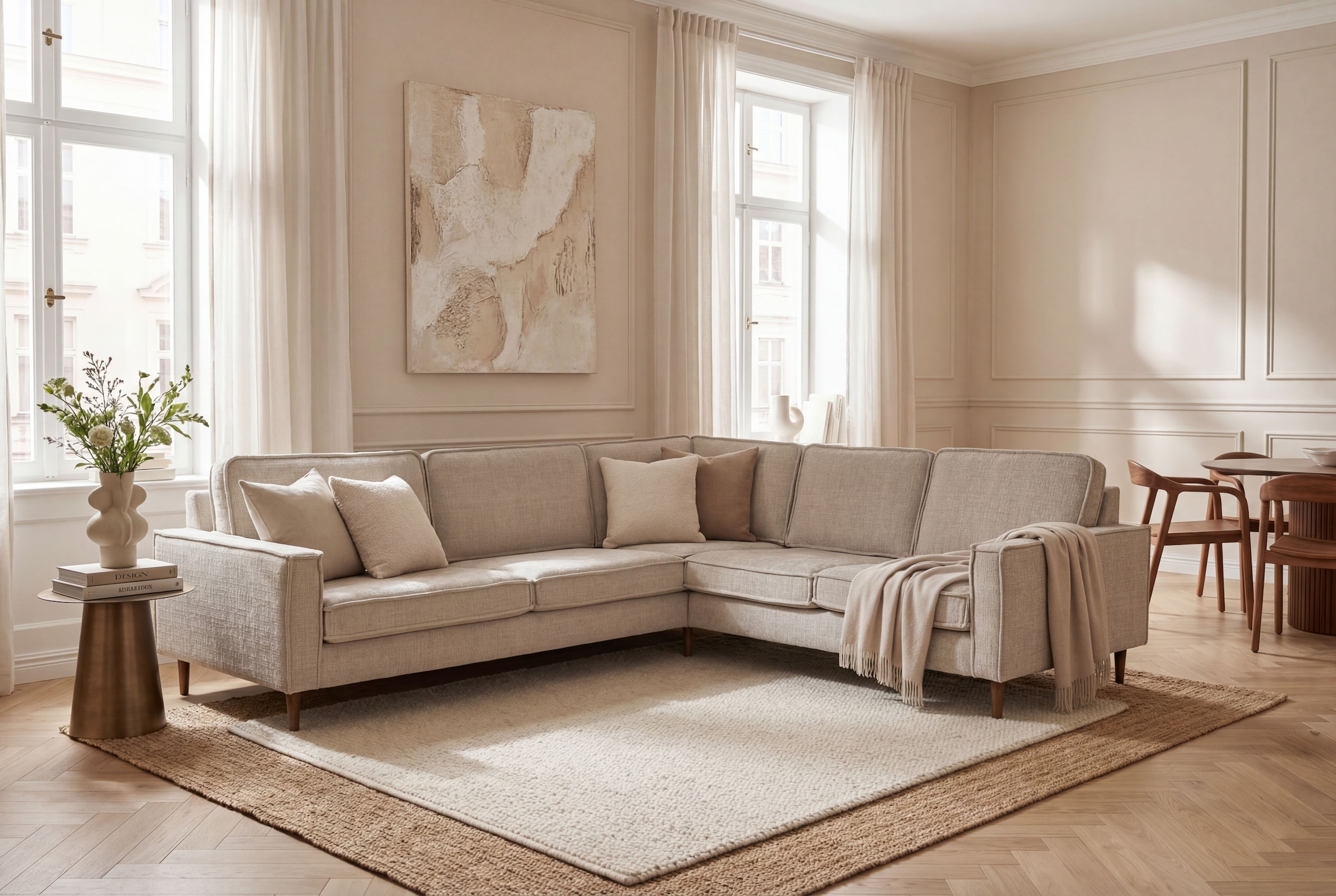 OTTO home Ecksofa "Pinto Skandi, 290 cm, Chenille, Struktur, Ottomane links / rechts" mit Keder, Massivholzfüße Eiche geräuchert, Wellenunterfederung