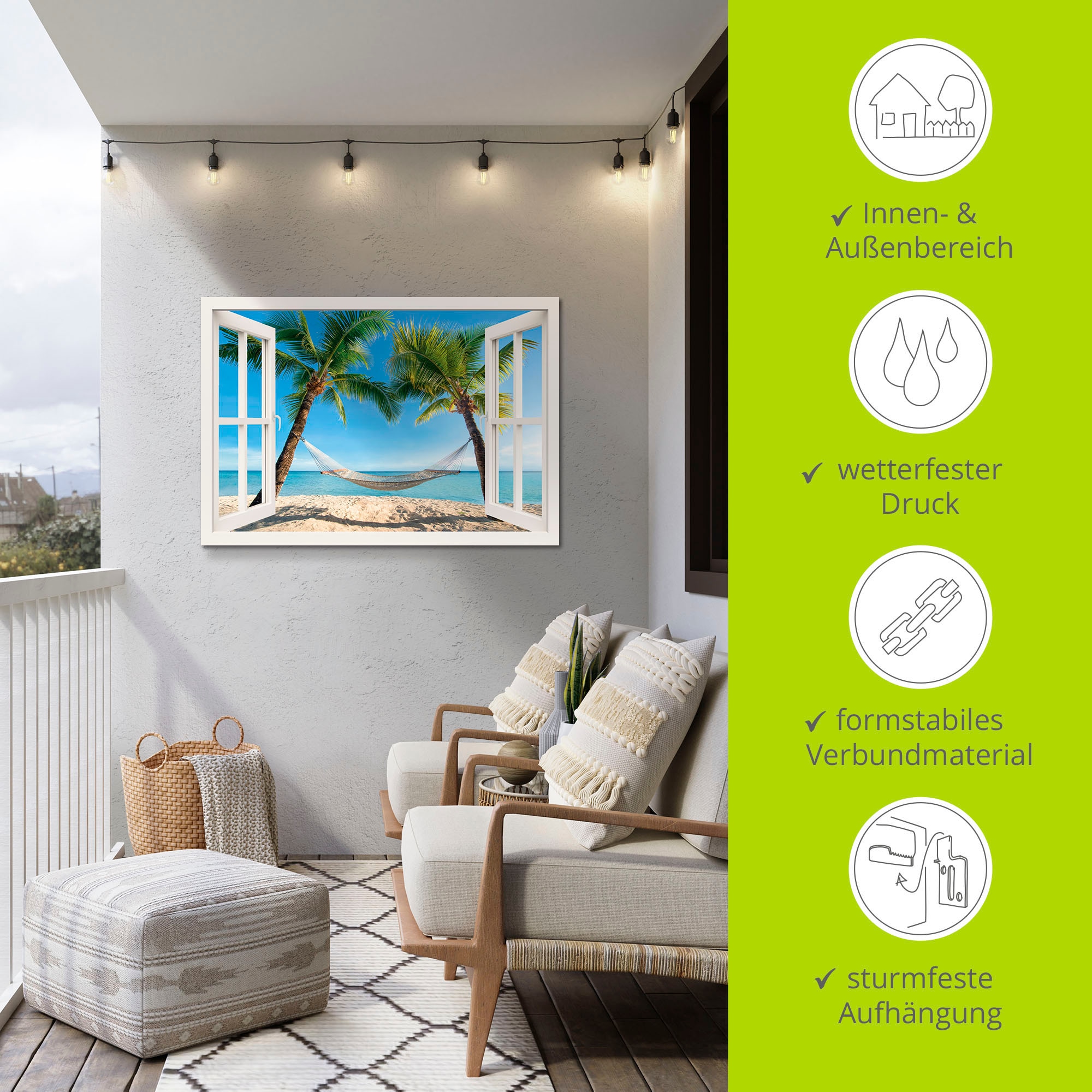 Artland Wandbild »Fensterblick Palmenstrand Karibik«, Amerika, (1 St.), als Alubild, Outdoorbild, Leinwandbild, Poster, Wandaufkleber