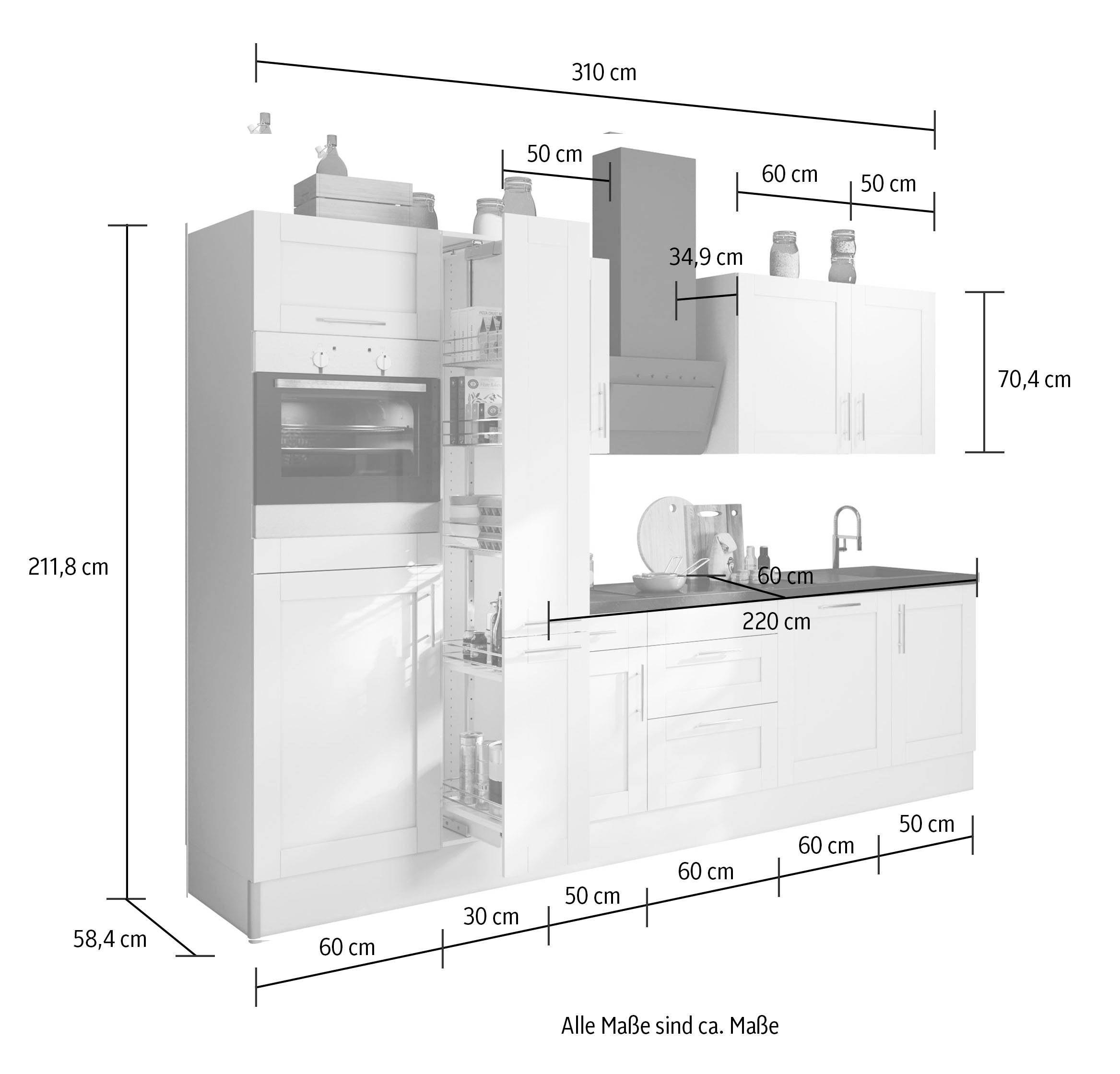 OPTIFIT Küchenzeile »Ahus«, Breite 310 Soft E-Geräten, cm, BAUR Close wahlw. | Fronten, mit MDF Funktion