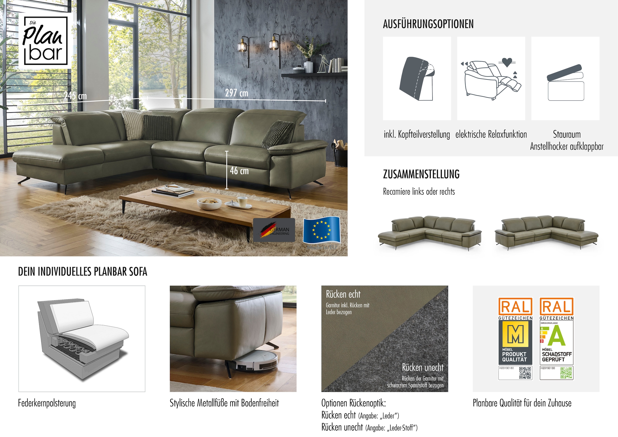 Die PlanBar Ecksofa »PN-EM20091, L-Form, Breite 297 cm« inkl. Kopfteilverstellung, optional elektr. Relaxfunktion u. Stauraum
